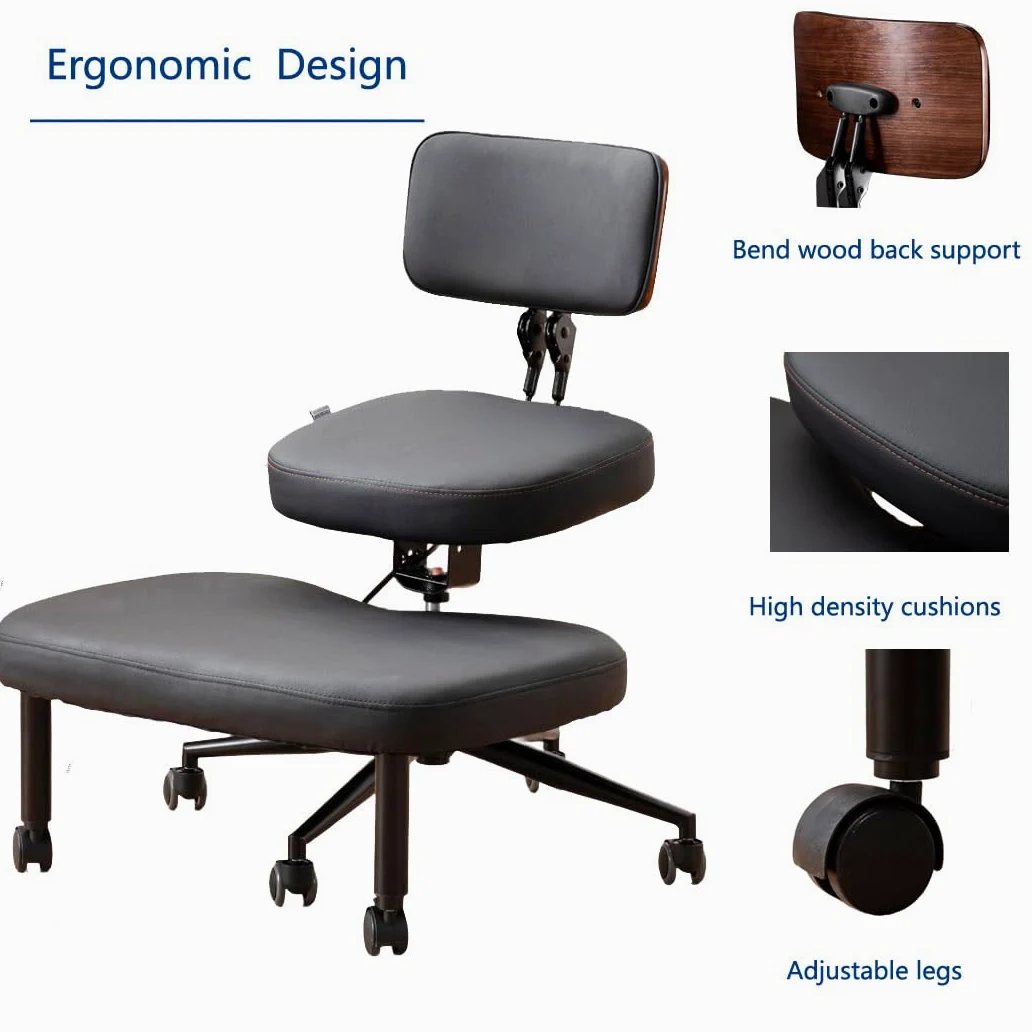 Chaise genoux ergonomique avec dossier, tabouret réglable pour une meilleure posture, assise rembourrée avec roulettes, noire