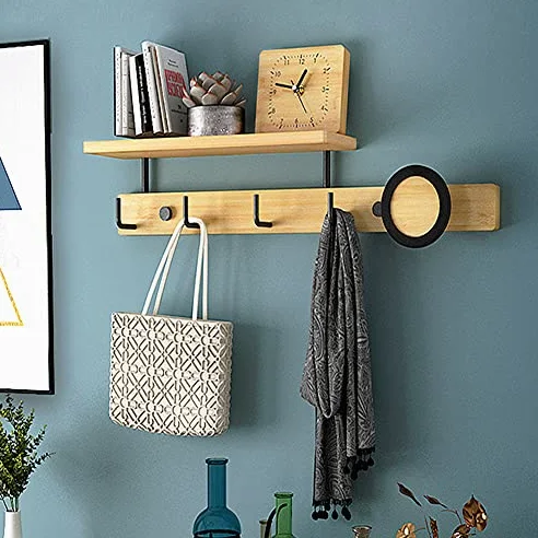 Porte-manteau avec étagère de rangement – Crochets muraux en bois pour couloir, salle de bain, salon, chambre à coucher