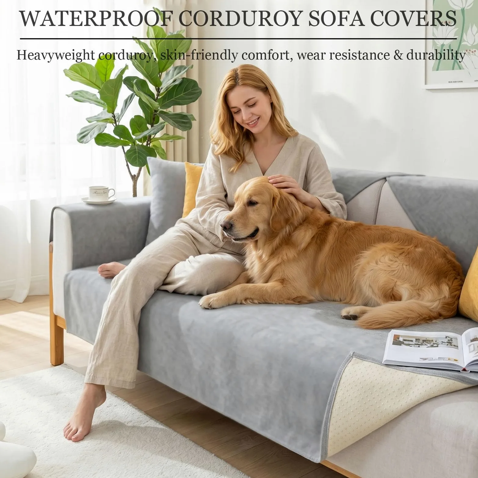 Housse de canapé Imperméable Velours Côtelé Antidérapante 1 2 3 4 Places | Protection Chat Anti Griffe Chien Coussin Assise Angle Forme L U Sectionnel Meubles Rayures Liquides Solide(Black,110x280cm)