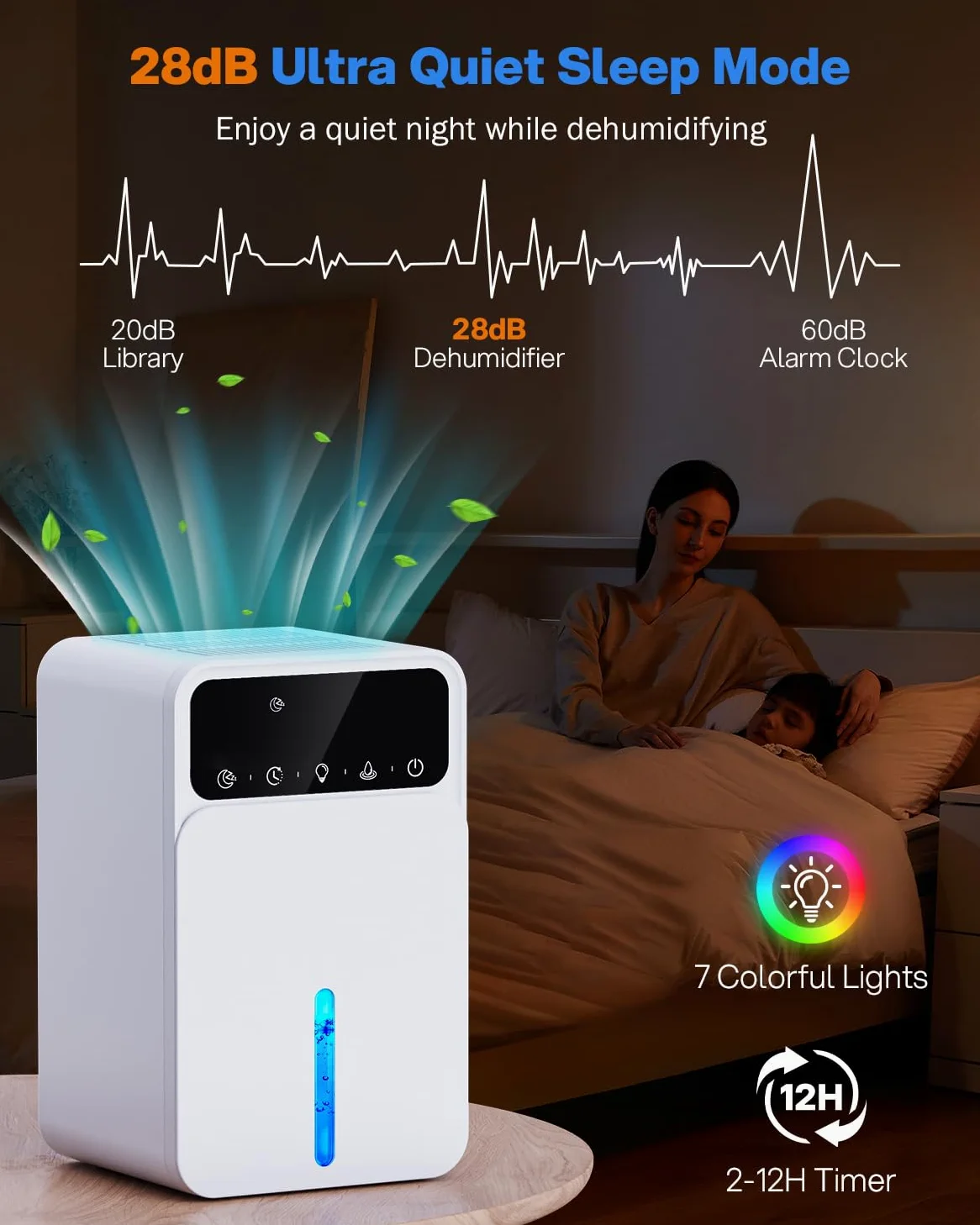 Déshumidificateur d’air électrique 1500mL – avec minuterie, dégivrage auto, arrêt auto, silencieux, 7 lumières LED – pour salle de bain, armoire, chambre à coucher