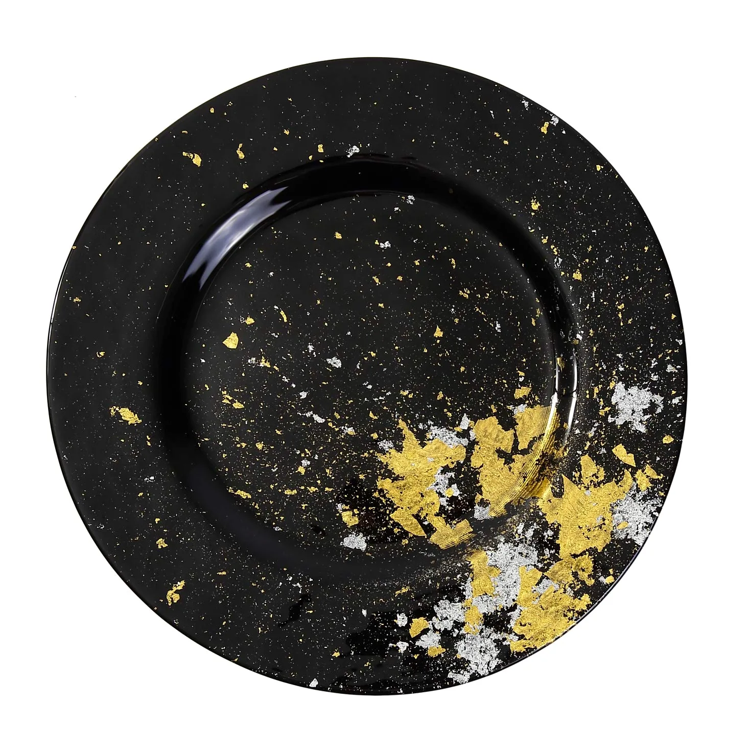 Assiette à dîner japonaise en verre Urushi Ø 31 cm, noir de jais avec feuille dorée, passe au lave-vaisselle