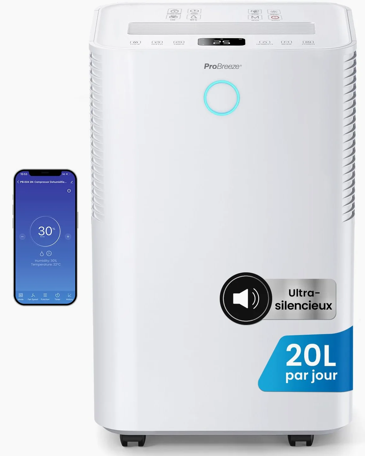 Pro Breeze OmniDry Déshumidificateur compresseur Intelligent 20L/Jour avec réservoir d'eau 4L, séchage du Linge & capteur d'humidité Auto - Absorbeur d’humidité, Contre moisissures & Condensation