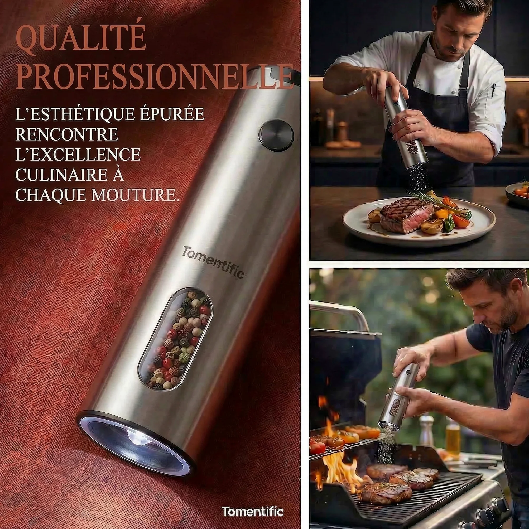 Ensemble de Moulins à Sel et Poivre Électriques Tomentific avec Socle de Rangement, Moulins en Acier Inoxydable avec Réservoir Lavable, Lumière LED Blanche, Réglage Externe de la Mouture