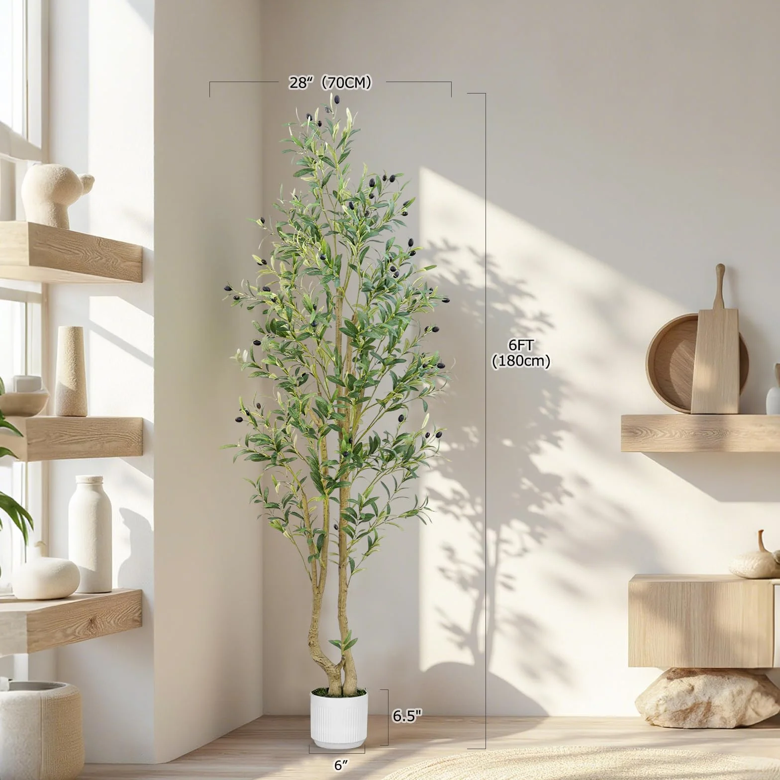 HZXGCP Olivier artificiel de 1,8 m avec pot blanc, faux arbre avec 1296 feuilles denses et 72 fruits d'olivier artificiels – Assemblage facile, nécessite peu d'entretien (olivier de 1,8 m)