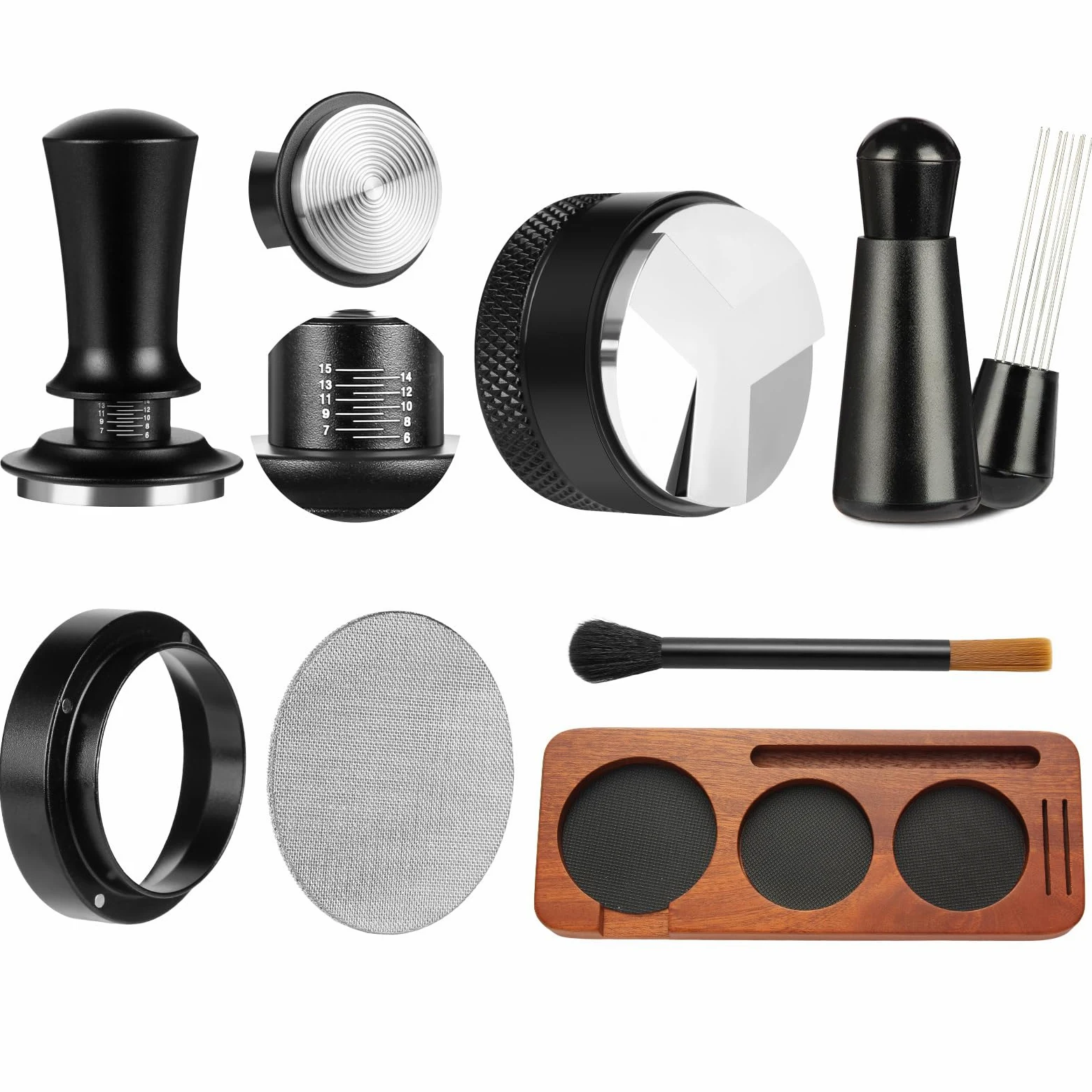 7 pièces Accessoires pour expresso, outils de tamping pour expresso de 51 mm, kit d'accessoires pour machine à expresso avec outil WDT, tampeur à café avec station de tamping en bois pour expresso