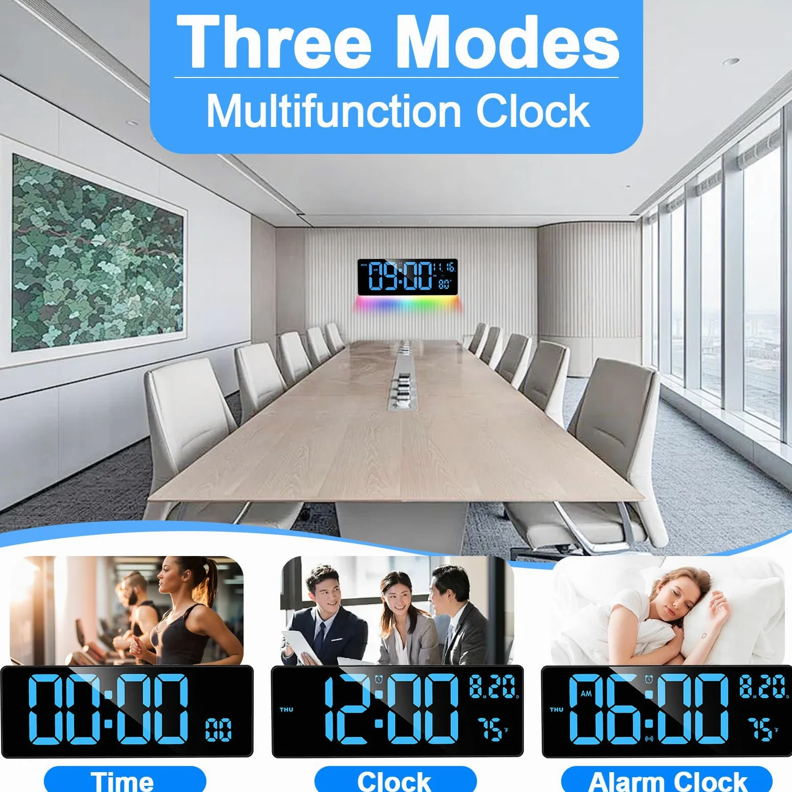 XREXS Horloge murale numérique avec grand écran, horloge murale LED de 41,5 cm (16,5") avec 6 veilleuses à changement de couleur, compte à rebours DST automatique avec contrôle