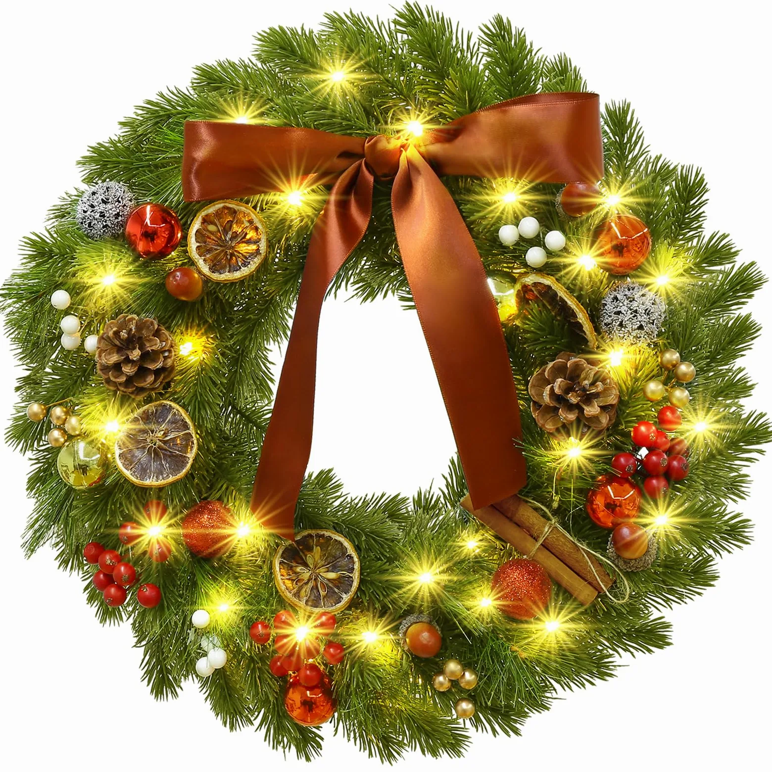 GlobaLink Couronne de Noël Porte 40 LEDs 40CM Couronne et Guirlandes de Noël Artificielle Minuterie à Piles Etanche IP44 Couronne de Noël Lumineuse Decoration pour Porte Entrée Mural Vitre Fenêtre