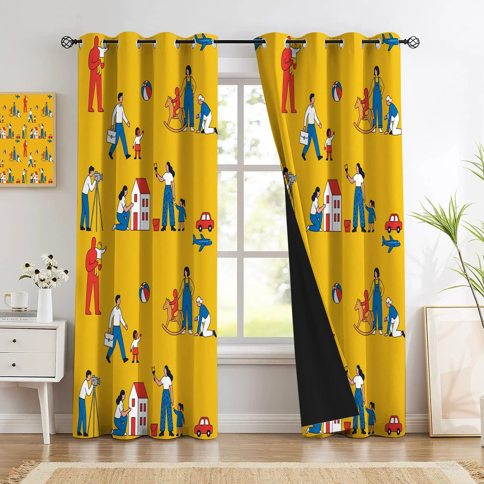 Rideau Occultant Vie Famille Dessin Animé Thermiques Anti Froid, 140x175cm Rideaux Fenêtre Opaque Jeux Parents-Enfants à Oeillets Anti UV Intérieurs Decoration Dressing Salon Chambre Maison, Jaune