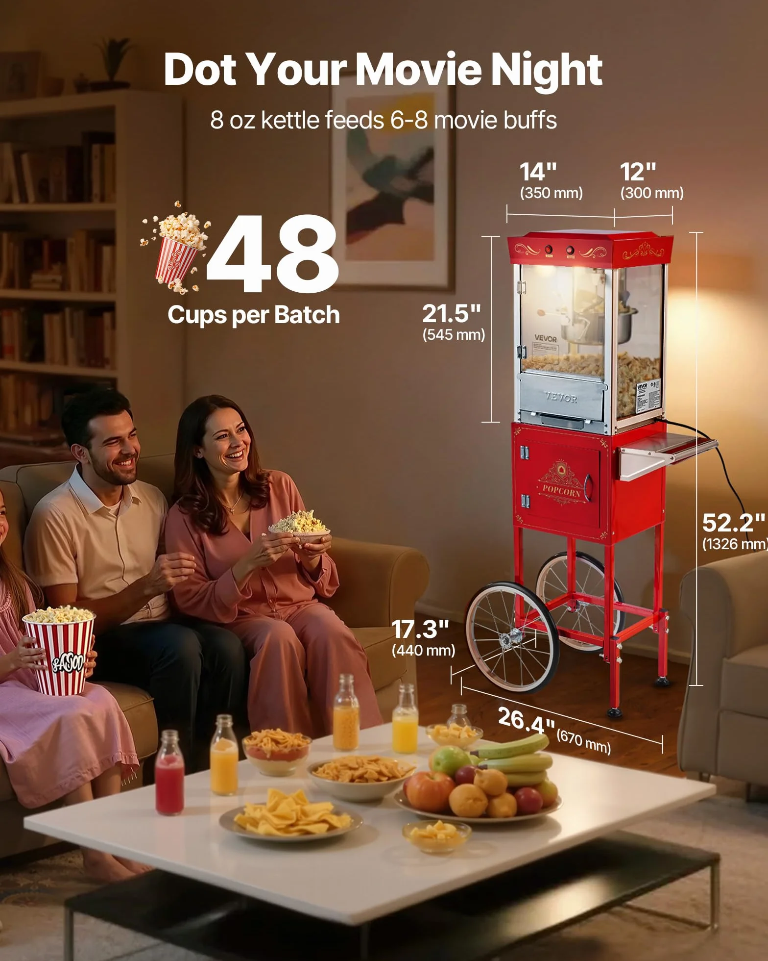 VEVOR Machine à Pop Corn avec Chariot, Éclateur de Maïs 800 W, Grand Bol en Inox 0,2 kg, 48 Tasses par Lot, avec Commande à 2 Boutons, Paroi en Verre, Porte PC, Pelle Doseuse et Cuillères, Rouge
