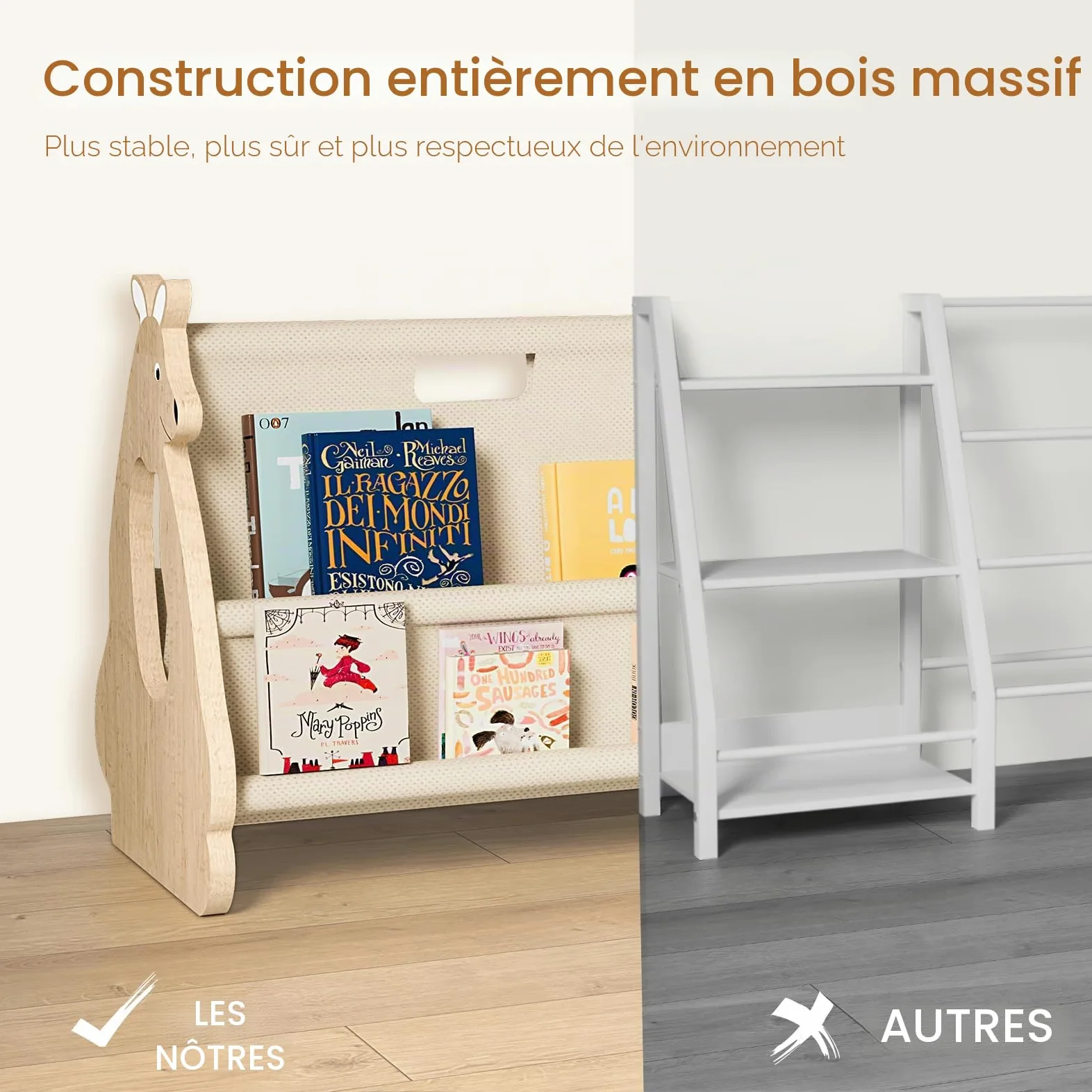 EURYUNG Bibliothèque Enfant Bois – Bibliothèque Montessori Bebe pour Chambre d’Enfant, Design Kangourou, Rangement Livres Enfants, Meuble Chambre Enfant, Bibliothèque Portable, Etagere Livre Enfant