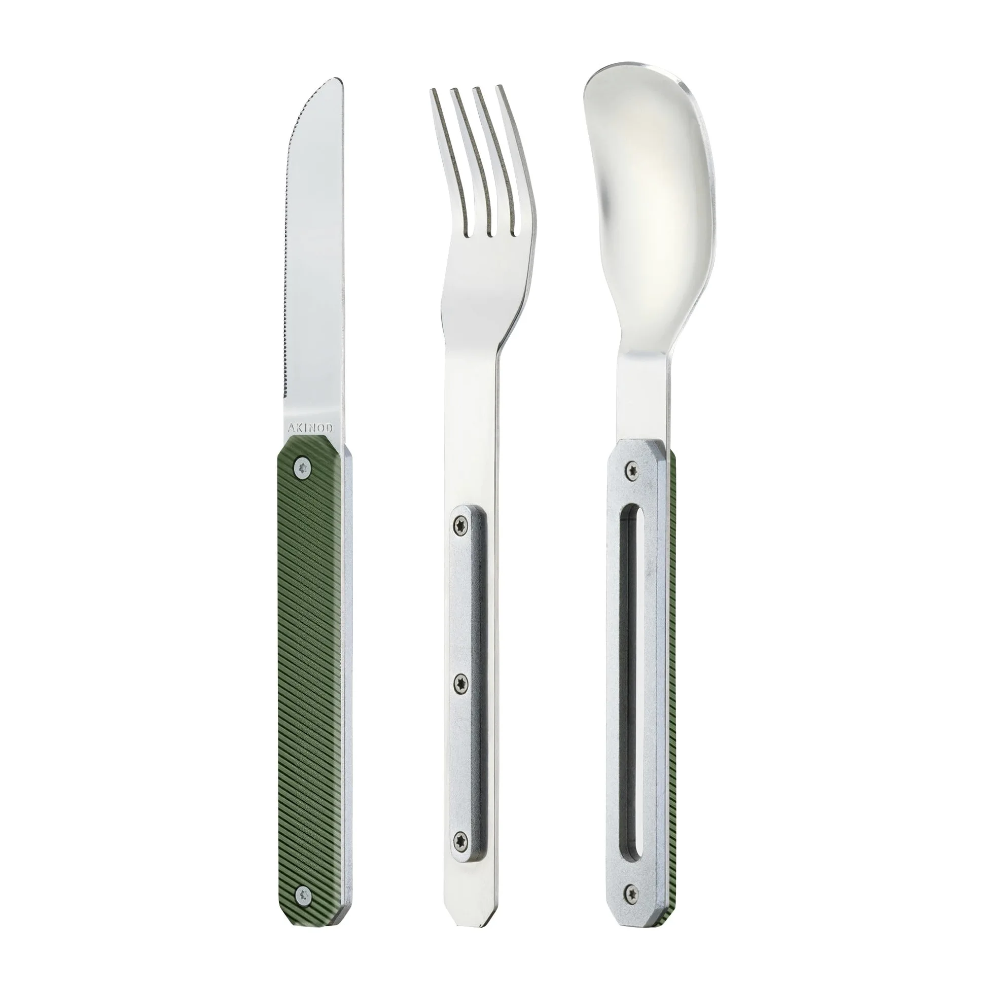 Akinod - Couverts 12:34 - Fourchette + Couteau + Cuillère - Assemblage Aimanté - Couverts en Acier Inoxydable Nomades, Compacts, Durables et Élégants - Aluminium kaki