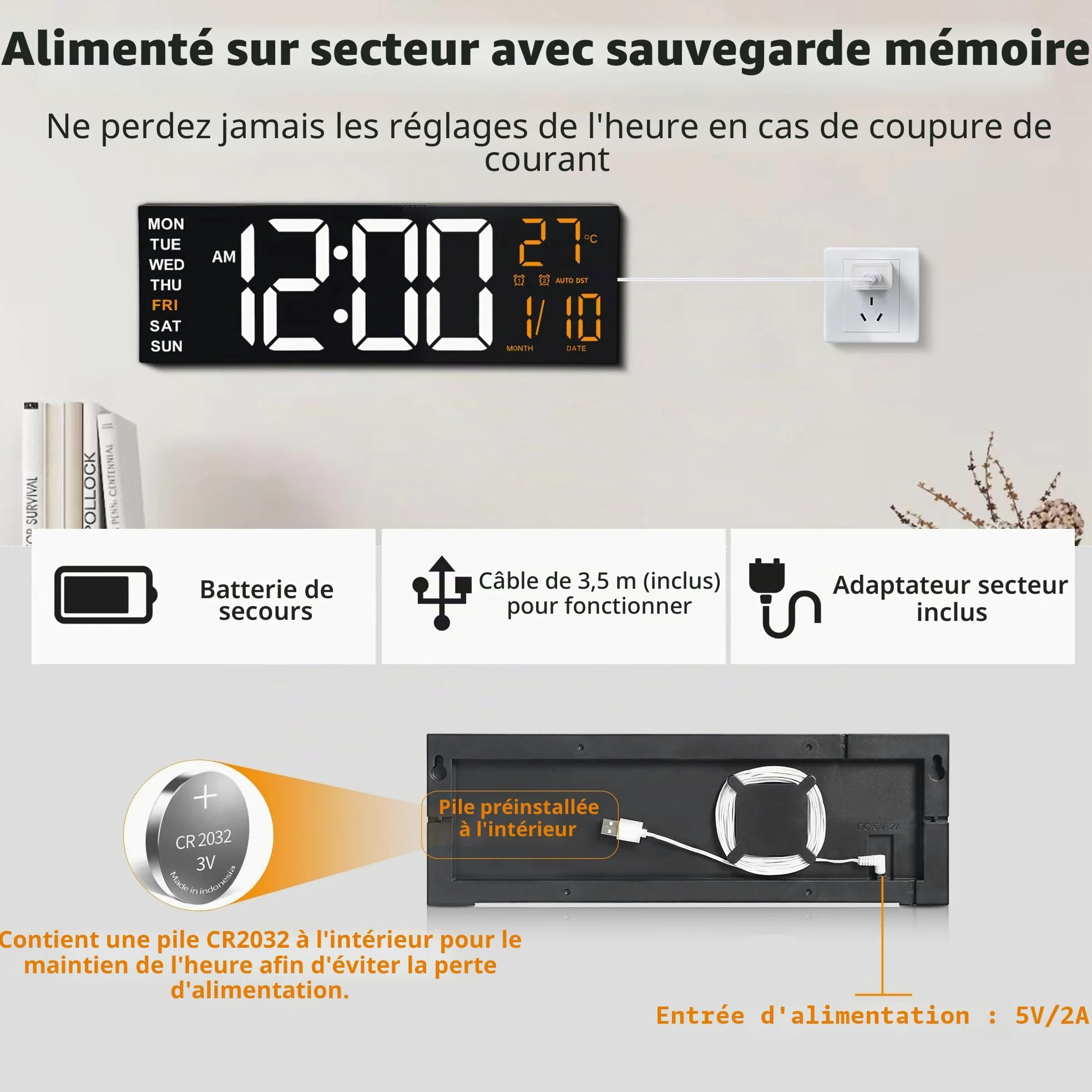 Horloge Numérique Murale 16,5" avec Minuteur, Lumière Nocturne, 2 Réveils, 8 Couleurs RGB, Réglage Auto de la Luminosité, Température, Date, 24/12 Heure pour le Salon, Chambre, Bureau, Seniors