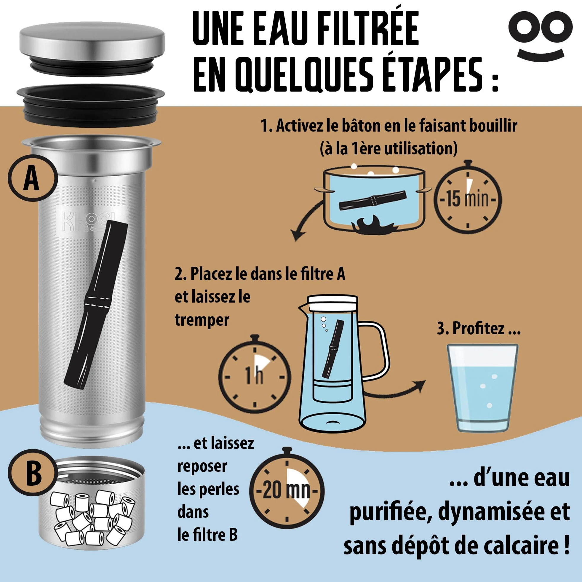 KHOOL - Kit Carafe filtration de l'eau en Verre et Inox + Bâtons Charbon de Bambou et Perles de Céramique - Purifie & améliore le goût de l’eau - Alternative Écologique - Origine France - 1L