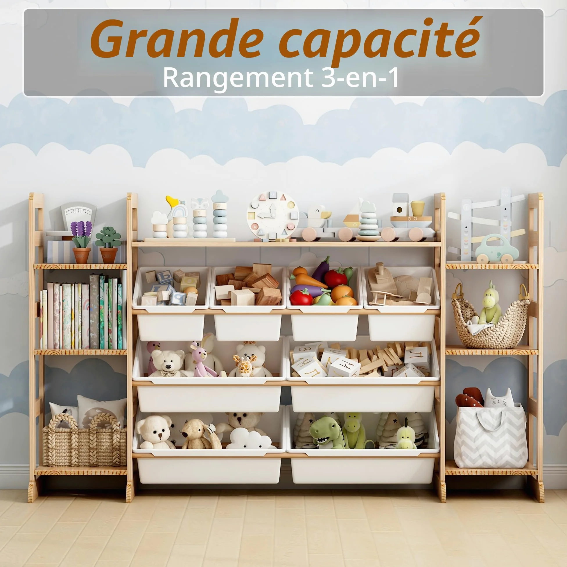 Meuble de Rangement Jouets Enfant Bibliothèque Enfant avec 8 Boîtes Amovibles, Bibliotheque Enfant Bois pour Aux Chambres à Coucher et aux Salles de Classe (133 x 80 x 34.5 cm)