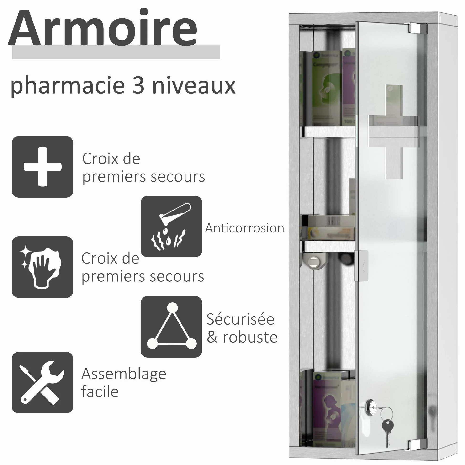 kleankin Armoire à Pharmacie 2 étagères 3 Niveaux 20L x 12l x 58H cm Porte Verre trempé Symbole Croix Acier INOX.