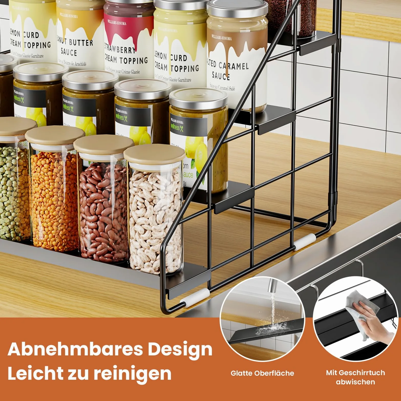 Lot de 2 étagères à épices debout à 4 niveaux, hauteur réglable (2/3/4 niveaux) et sans perçage, en métal noir, avec crochets en S et étiquettes, organisateur d'épices pour cuisine, armoire