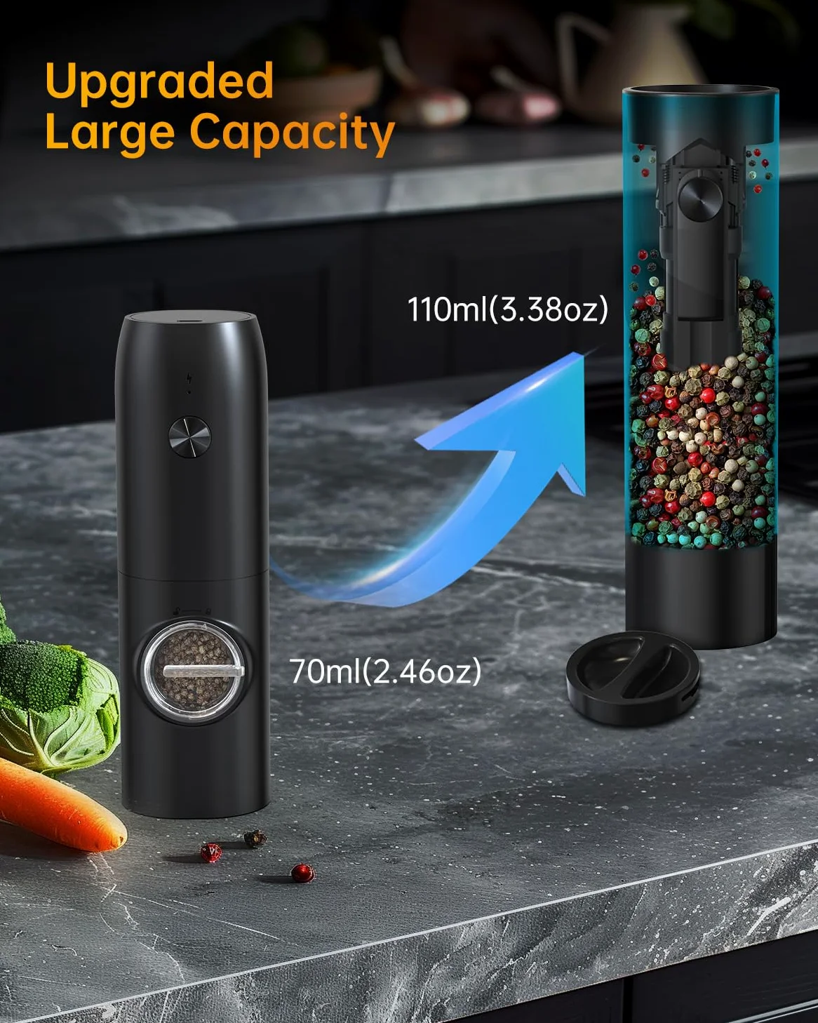 CIRCLE JOY Ensemble de Moulins à Sel et Poivre Électriques Rechargeables avec Socle de Recharge, Grossièreté Réglable, Capacité de 110ml et Lumière LED Blanche, Noir