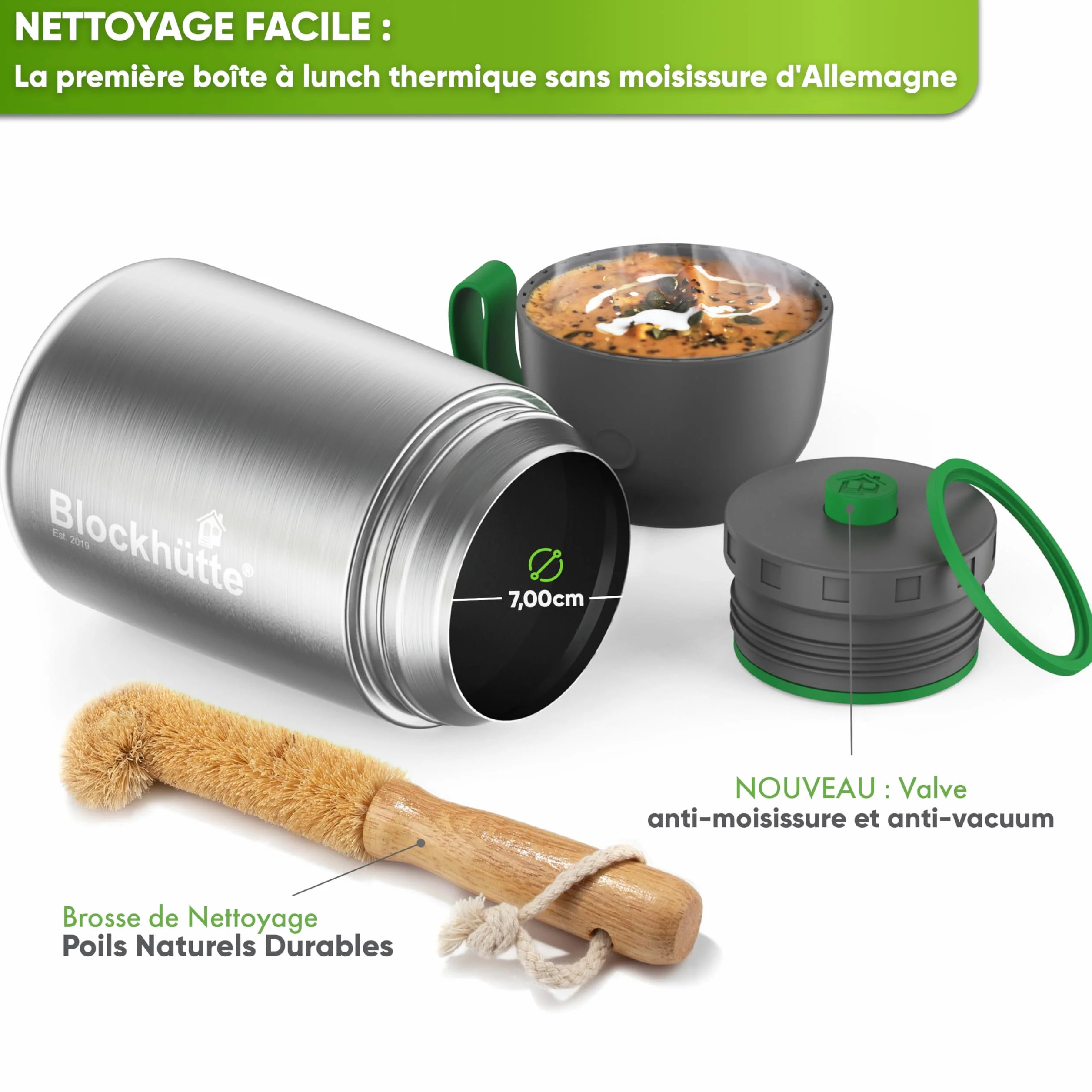 Blockhütte Thermos isotherme 730ml En inox Avec Cuillère et Fourchette - Thermos Alimentaire Chaud idéal Pour Le Travail - Boite Alimentaire isotherme Avec Sac de Transport - Lave-Vaisselle