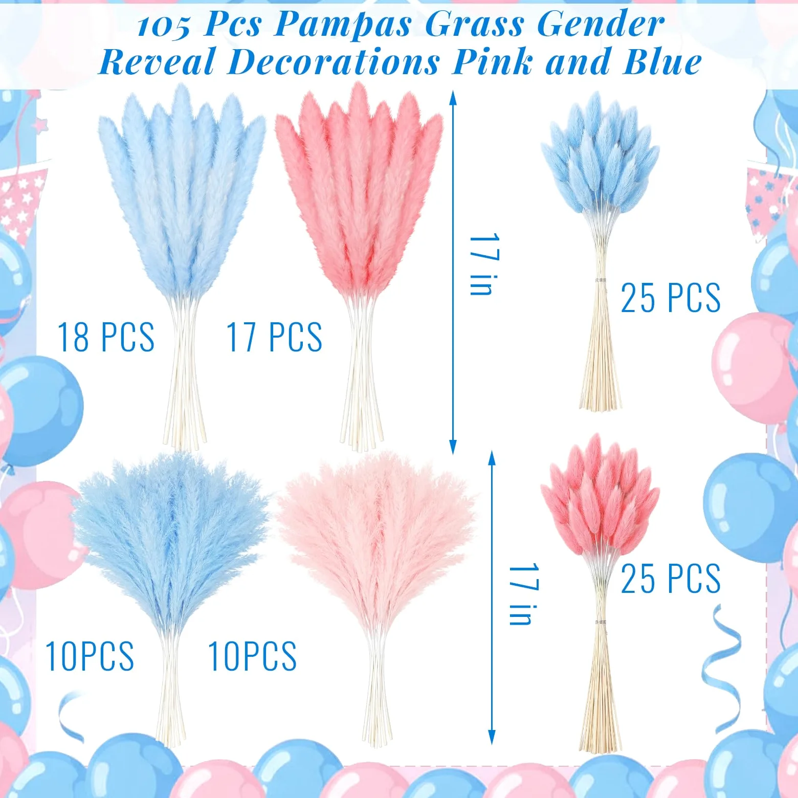 Hoteam Lot de 105 décorations de révélation du sexe rose bleu herbe de la pampa garçon ou fille | Décoration de fête prénatale « He or She » bohème - Herbe de la pampa - Fleurs séchées pour centres de table ou vase
