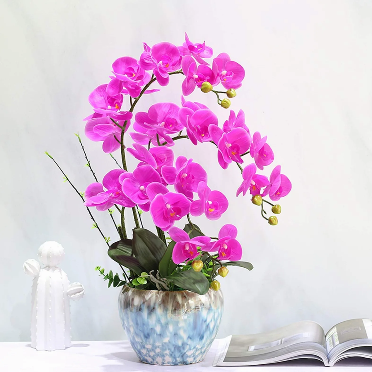 Orchidée Artificielle en Pot, bonsaï, Arrangement Floral avec Vase, Fausse phalaenopsis en Pot pour décoration intérieure