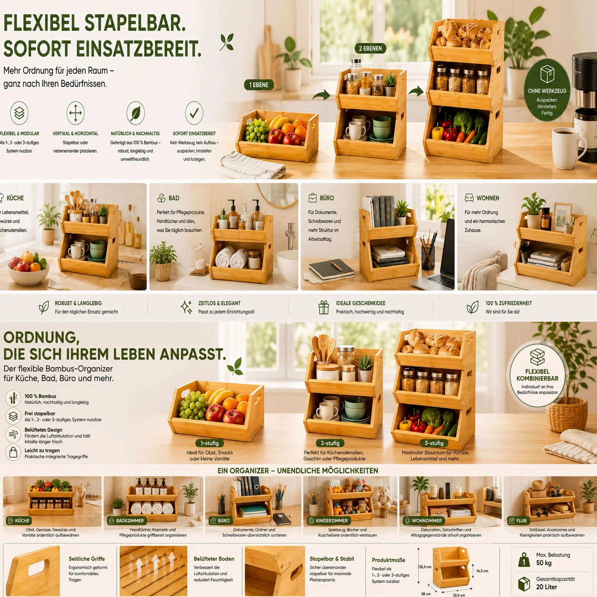 ADEL DREAM Panier à Fruits en Bambou à 3 Niveaux, Paniers Amovibles | 3 paniers séparés ou empilés, parfaits pour fruits, légumes, pain, snacks et objets du quotidien