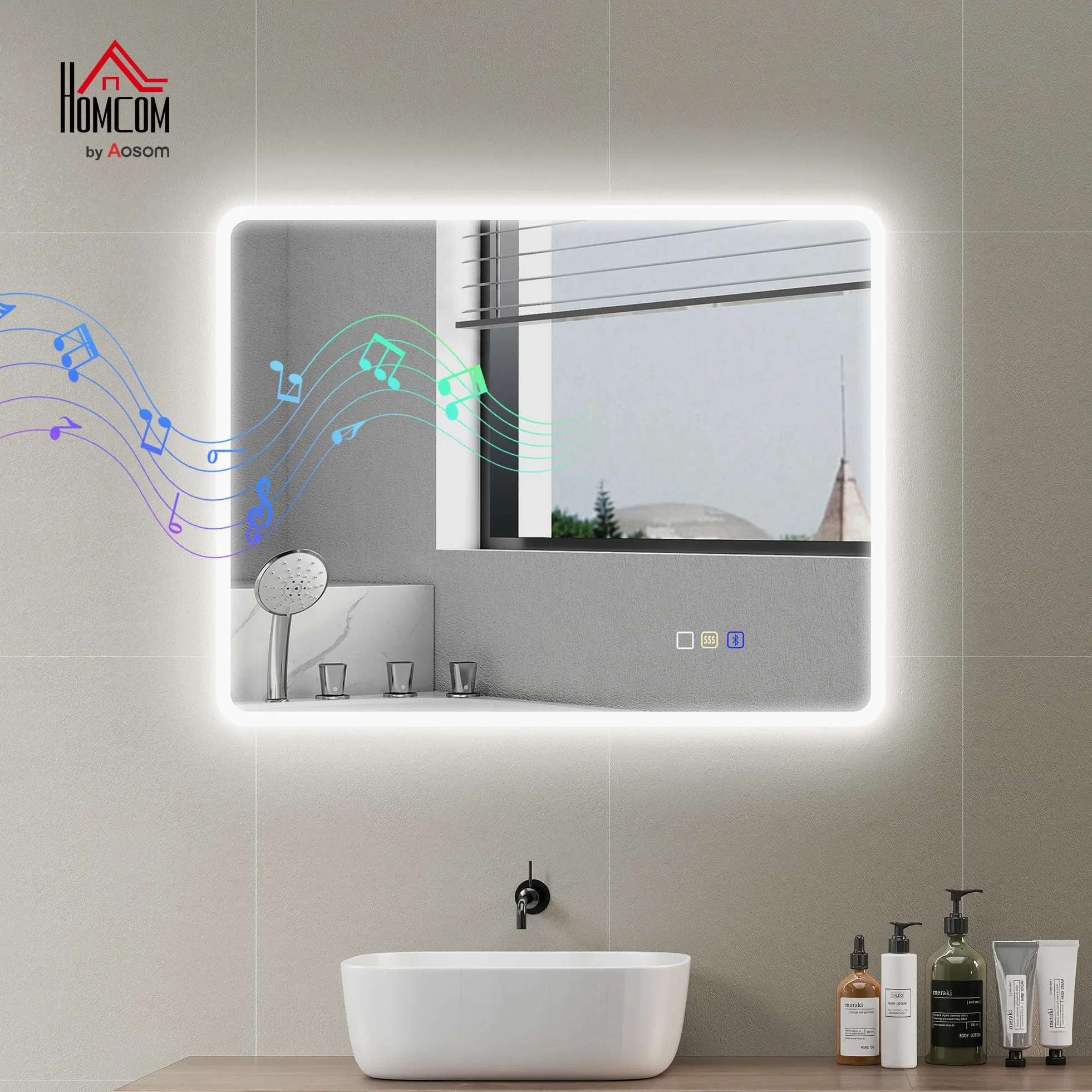 HOMCOM Miroir Salle de Bain Bluetooth 70 x 90 cm, Miroir Lumineux Salle de Bain Mural avec éclairage LED, Interrupteur Tactile, lumière réglable 3 Couleurs, Anti-buée, mémoire - Argent