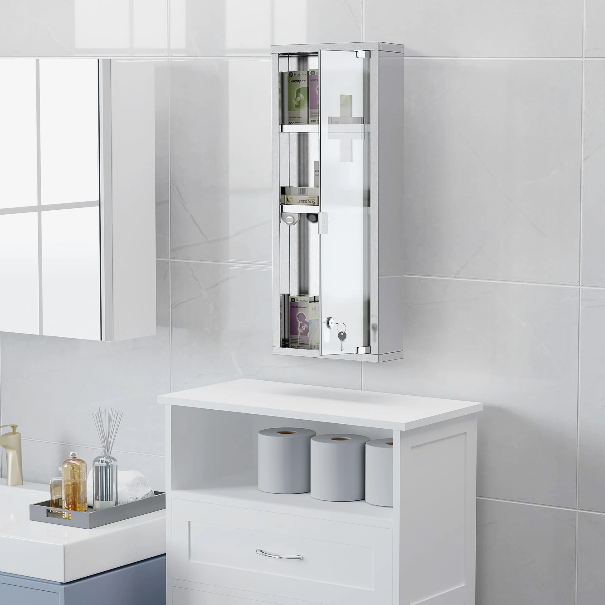 kleankin Armoire à Pharmacie 2 étagères 3 Niveaux 20L x 12l x 58H cm Porte Verre trempé Symbole Croix Acier INOX.