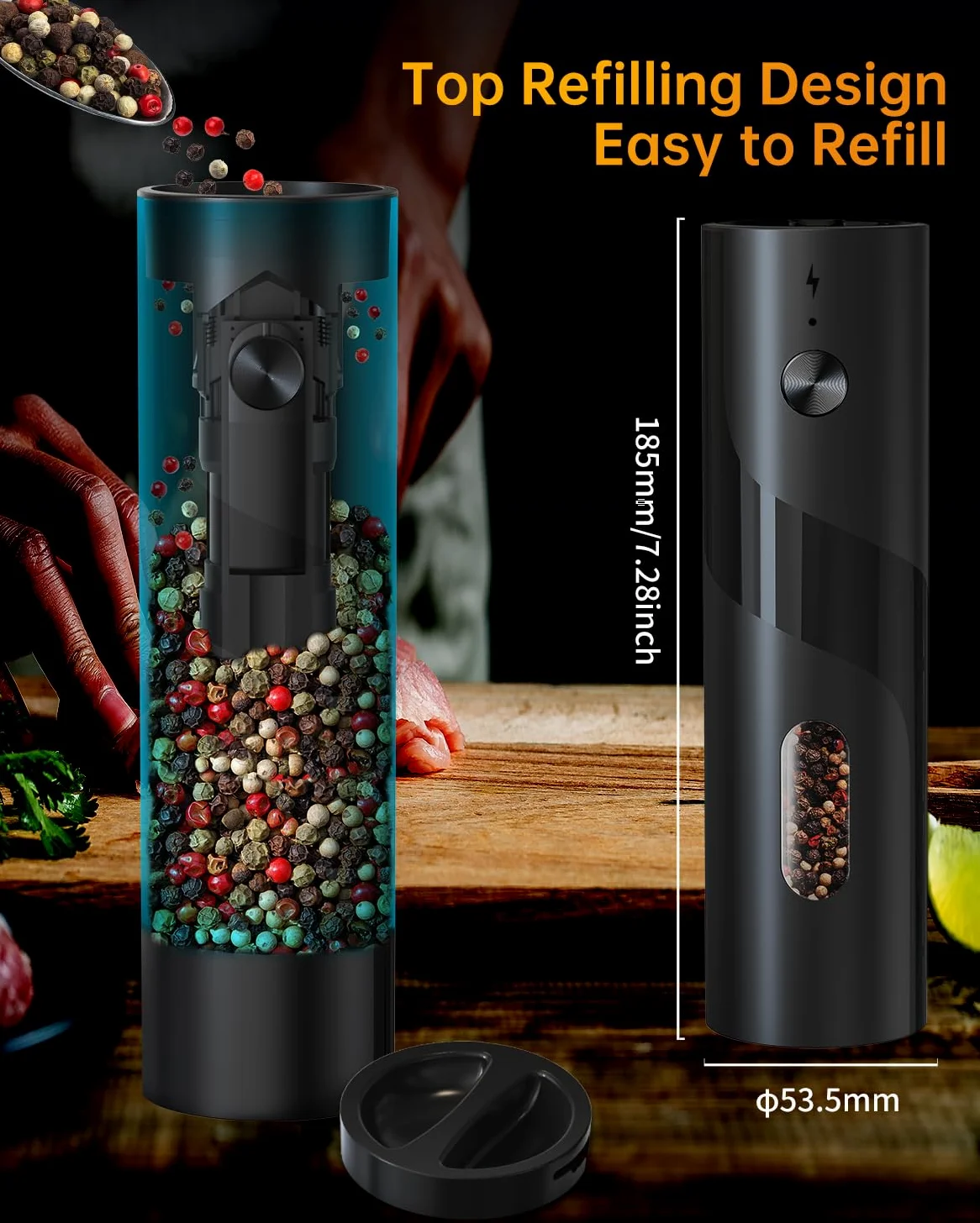 CIRCLE JOY Ensemble de Moulins à Sel et Poivre Électriques Rechargeables avec Socle de Recharge, Grossièreté Réglable, Capacité de 110ml et Lumière LED Blanche, Noir