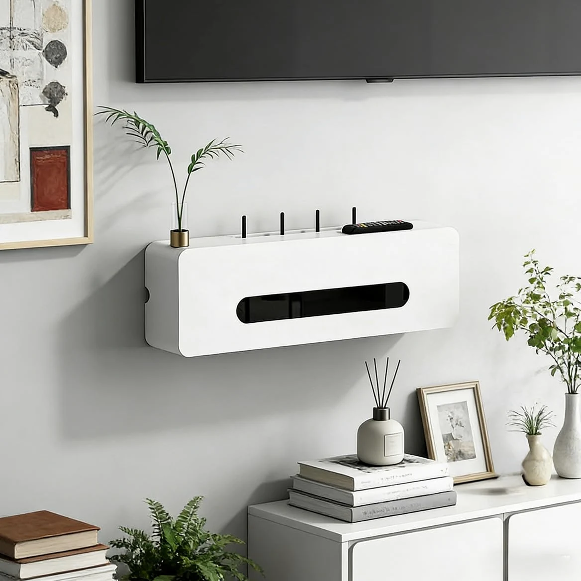 Cache Box Routeur Mural - Boîtier de Rangement en Bois pour Routeur, Câbles et Prises, Salon Chambre Bureau(White,23.6 * 7.9 * 6.3in)