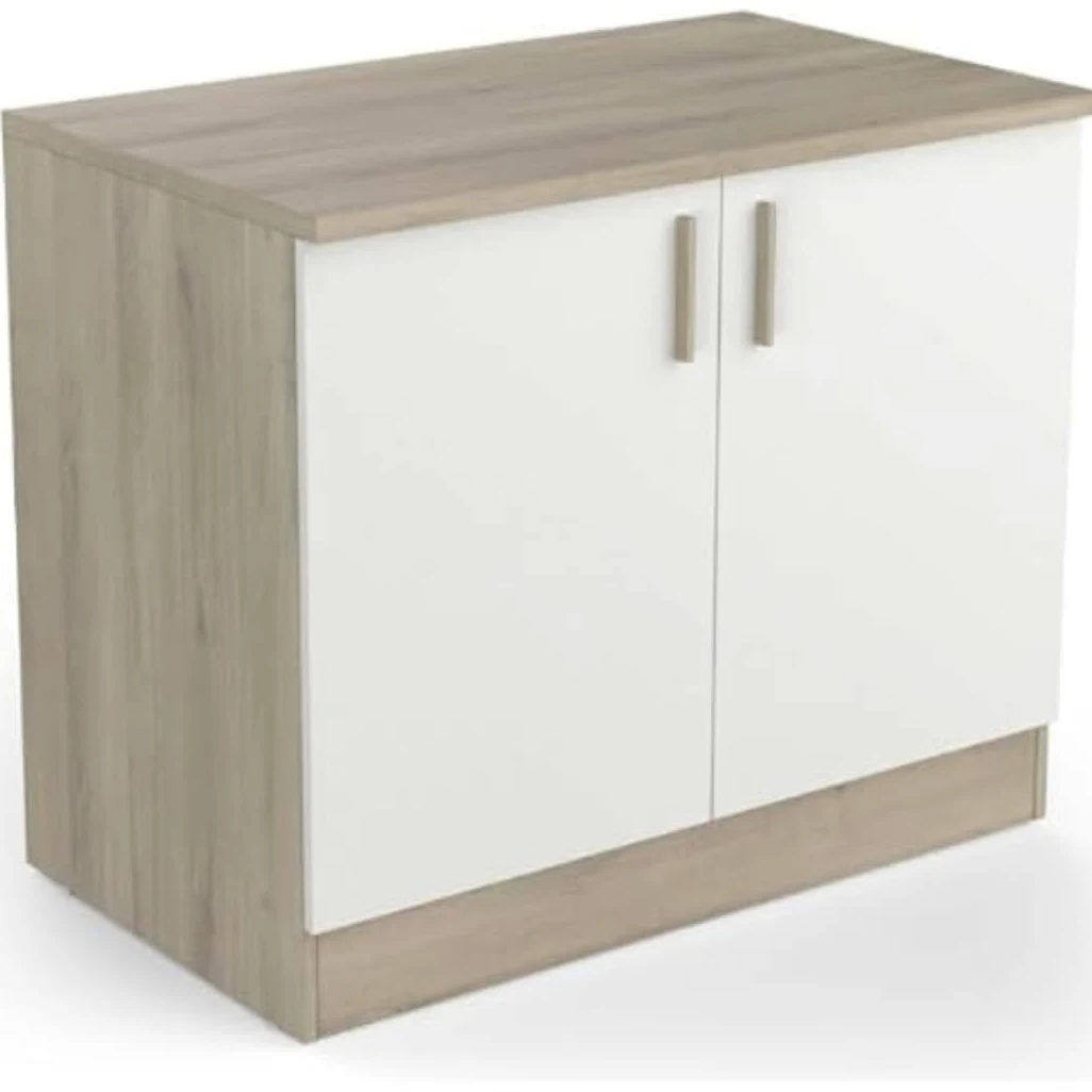 Meuble Bas De Cuisine Modulable 2 Portes - Cuisine Complete ‟ORIGAN” – Coloris Blanc Mat & Chêne - 100 x 30 x 70 cm