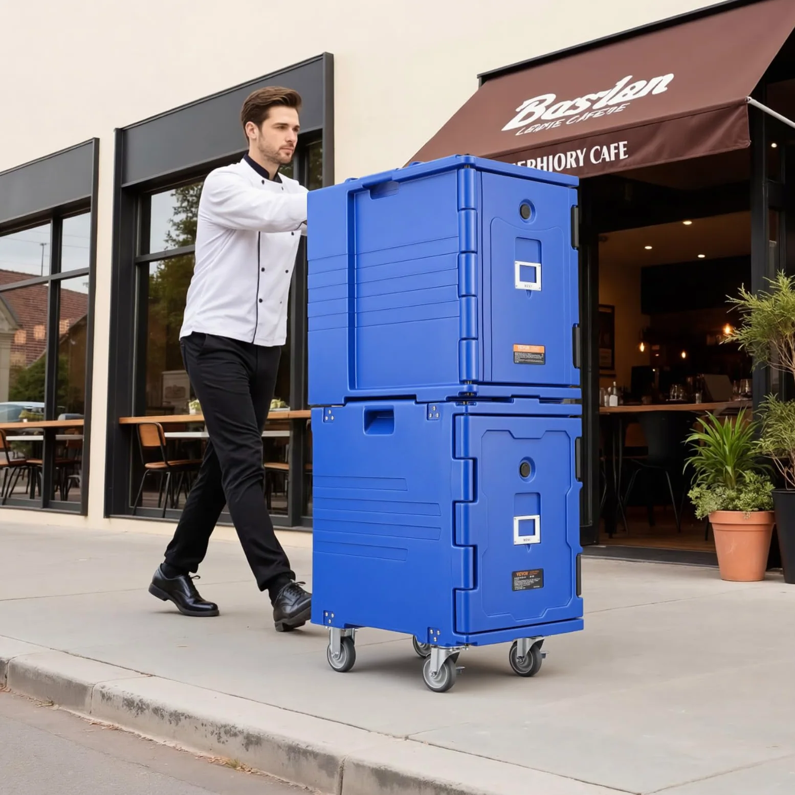 VEVOR Conteneur Isotherme sur Roulettes 90 L, Boîte de Transport en LLDPE à Chargement Frontal avec Poignées, pour Garder au Chaud ou Froid Traiteur Restauration Restaurant Cantine 447x625x755 mm