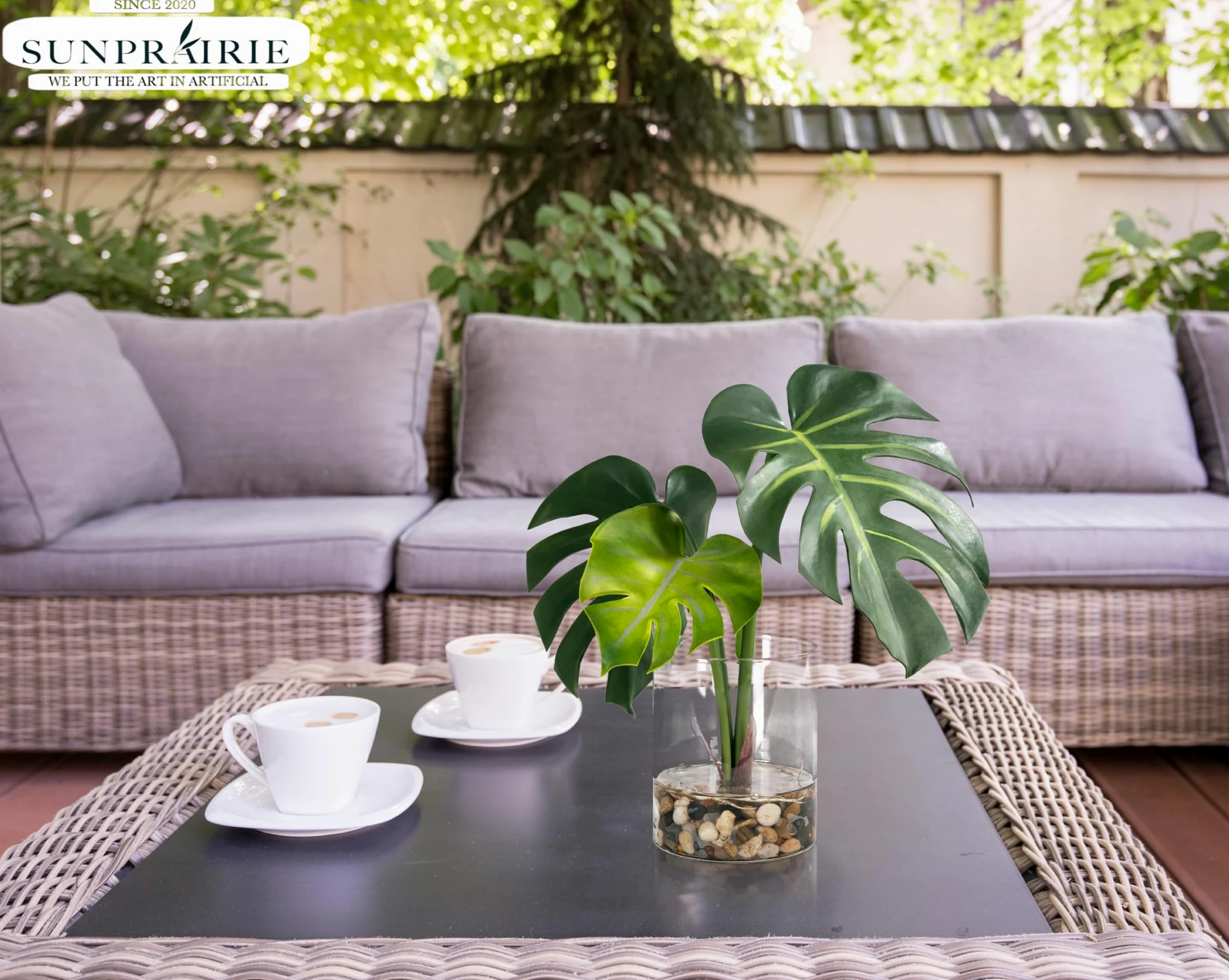 SUNPRAIRIE Plante artificielle réaliste en pot transparent avec de l'eau artificielle, larges feuilles de monstera, plantes artificielles d'intérieur et d'extérieur