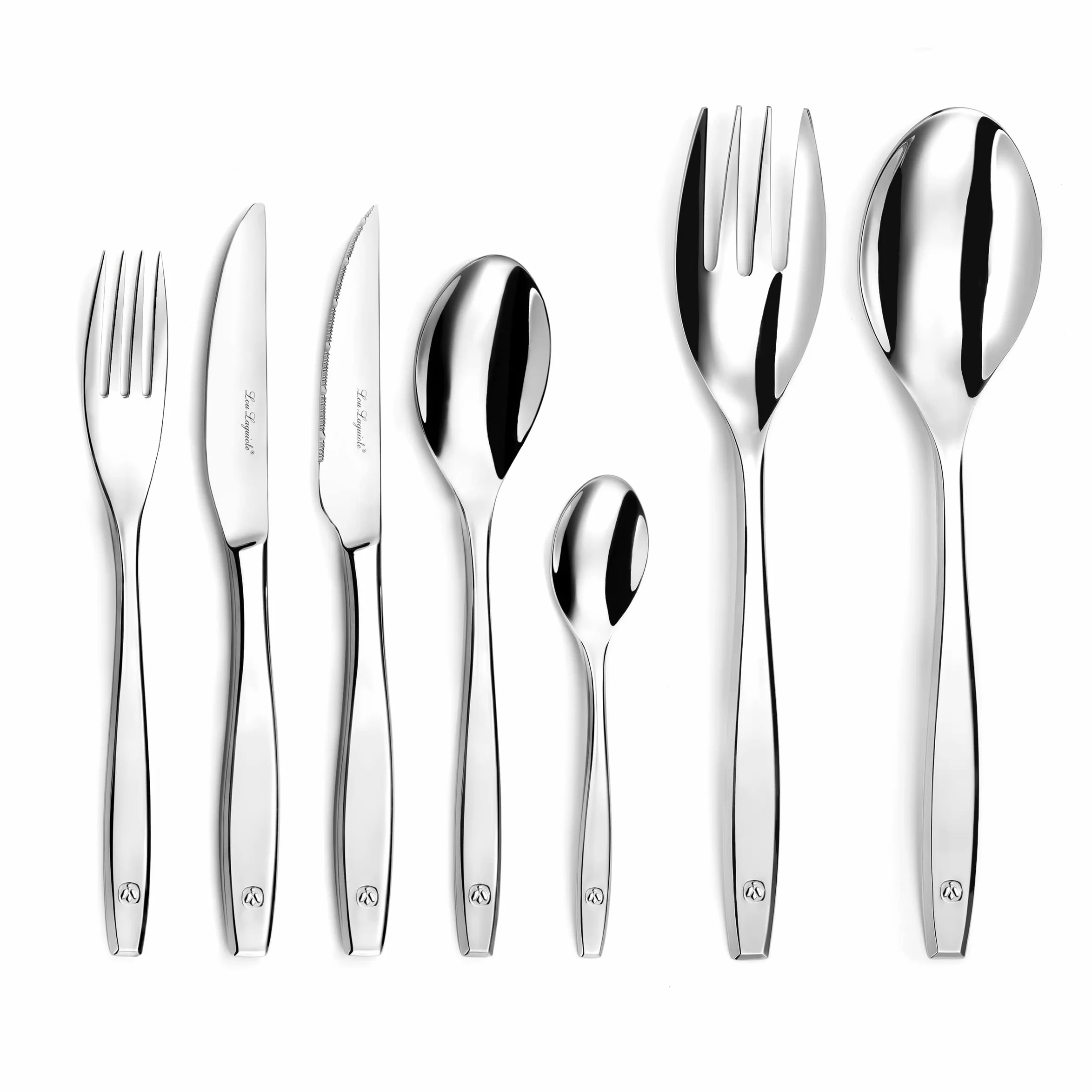 LOU LAGUIOLE - Ménagère 62 pièces avec couverts de table et couteaux steak pour 12 personnes - Figure - Acier inoxydable 18/0, Finition Miroir