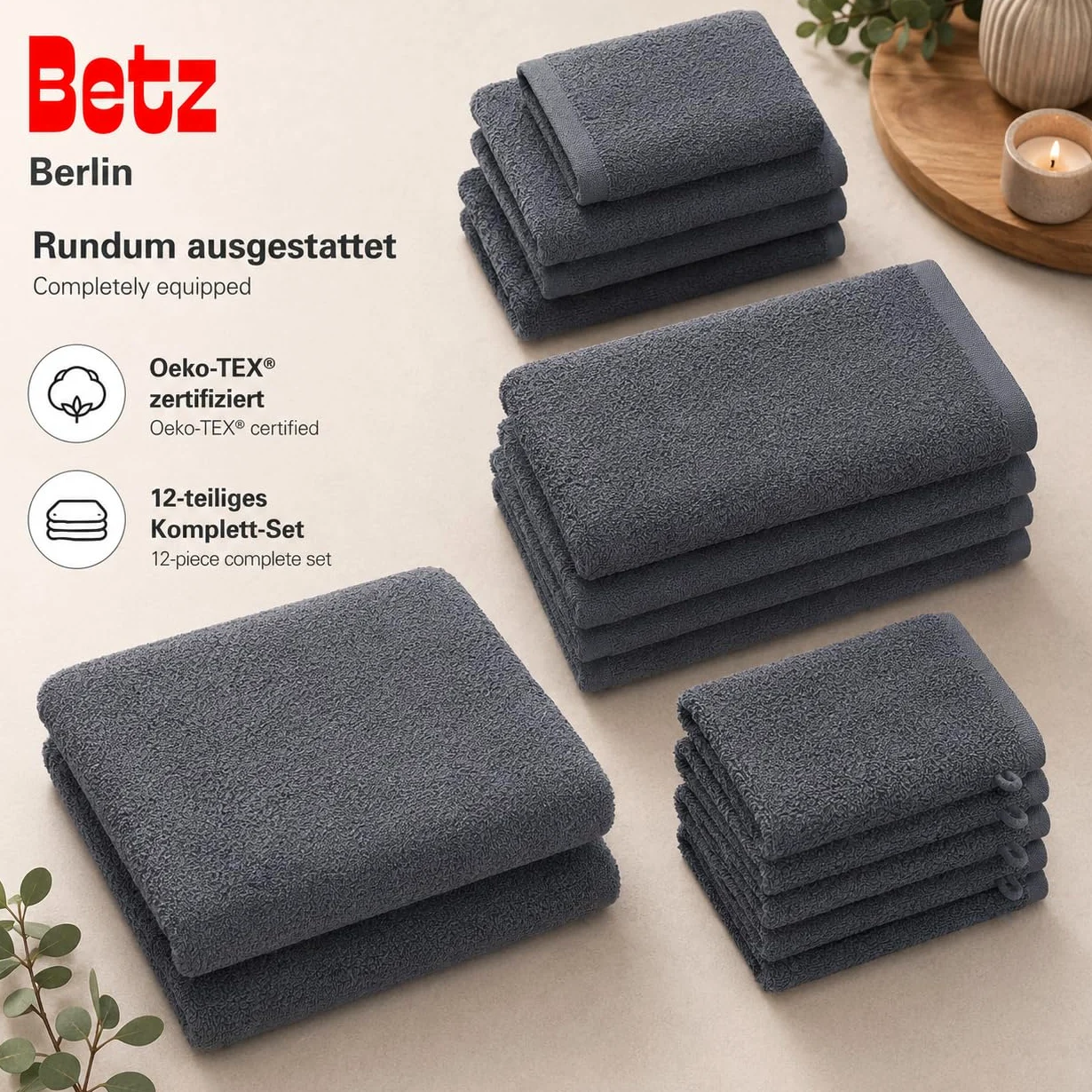 Betz Lot de 12 pièces Berlin 100% Coton 2 Draps de Bain 4 Serviettes de Toilette 2 d'invité 2 lavettes 2 Gants de Toilette Couleur Gris foncé - Berlin