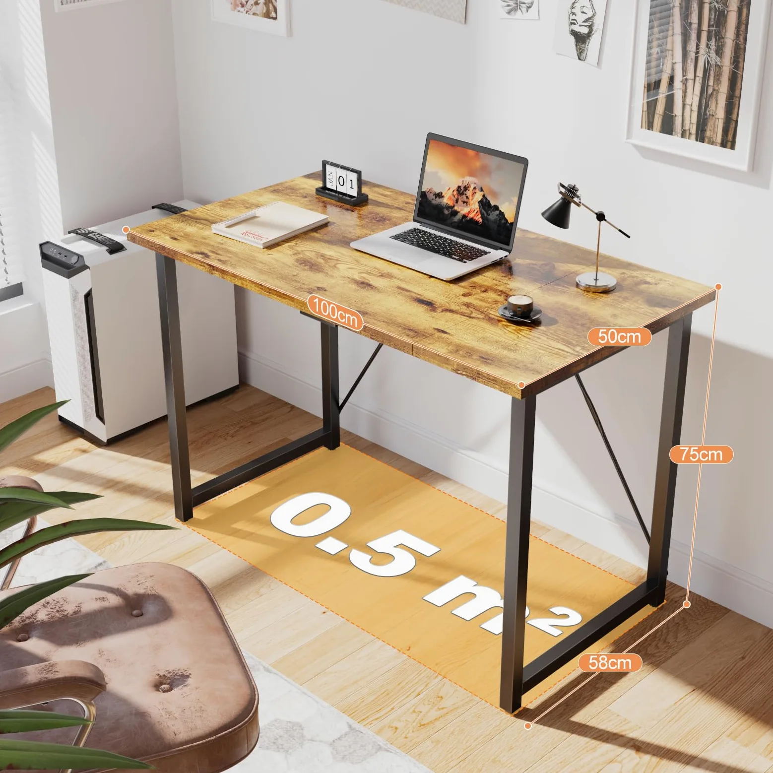Devoko Bureau d'ordinateur, Table, Petits Bureaux d'étude 100 x 50 x 75 cm pour Les Petits Espaces, Poste de Travail, Bureau et Travail à Domicile, Cadre en Métal, Marron Rustique