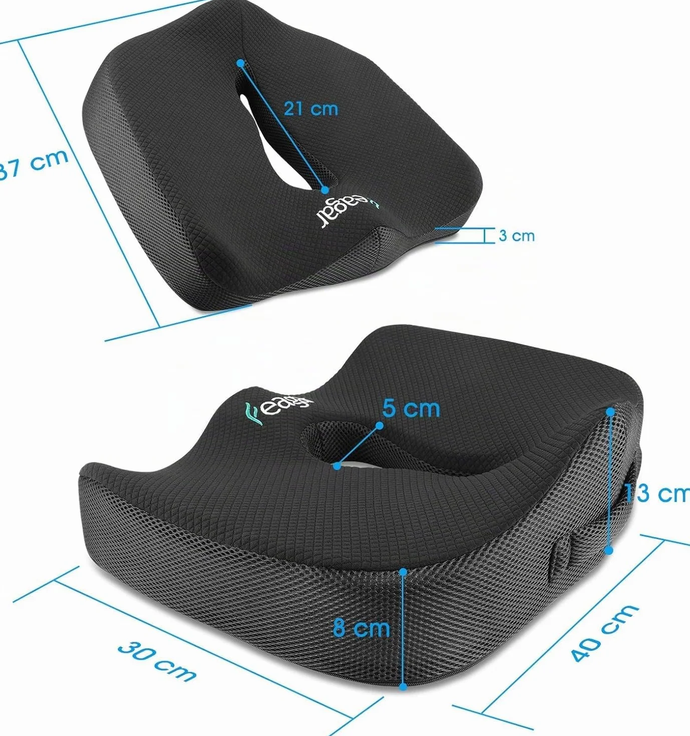 Feagar Coussin de Chaises en Mousse à Mémoire - Coussin Coccyx Ergonomique pour Siège Voiture Auto Conducteur Fauteil Bureau Fauteuil Roulant,Coussin Sciatique,Coussin d Assise,Noir