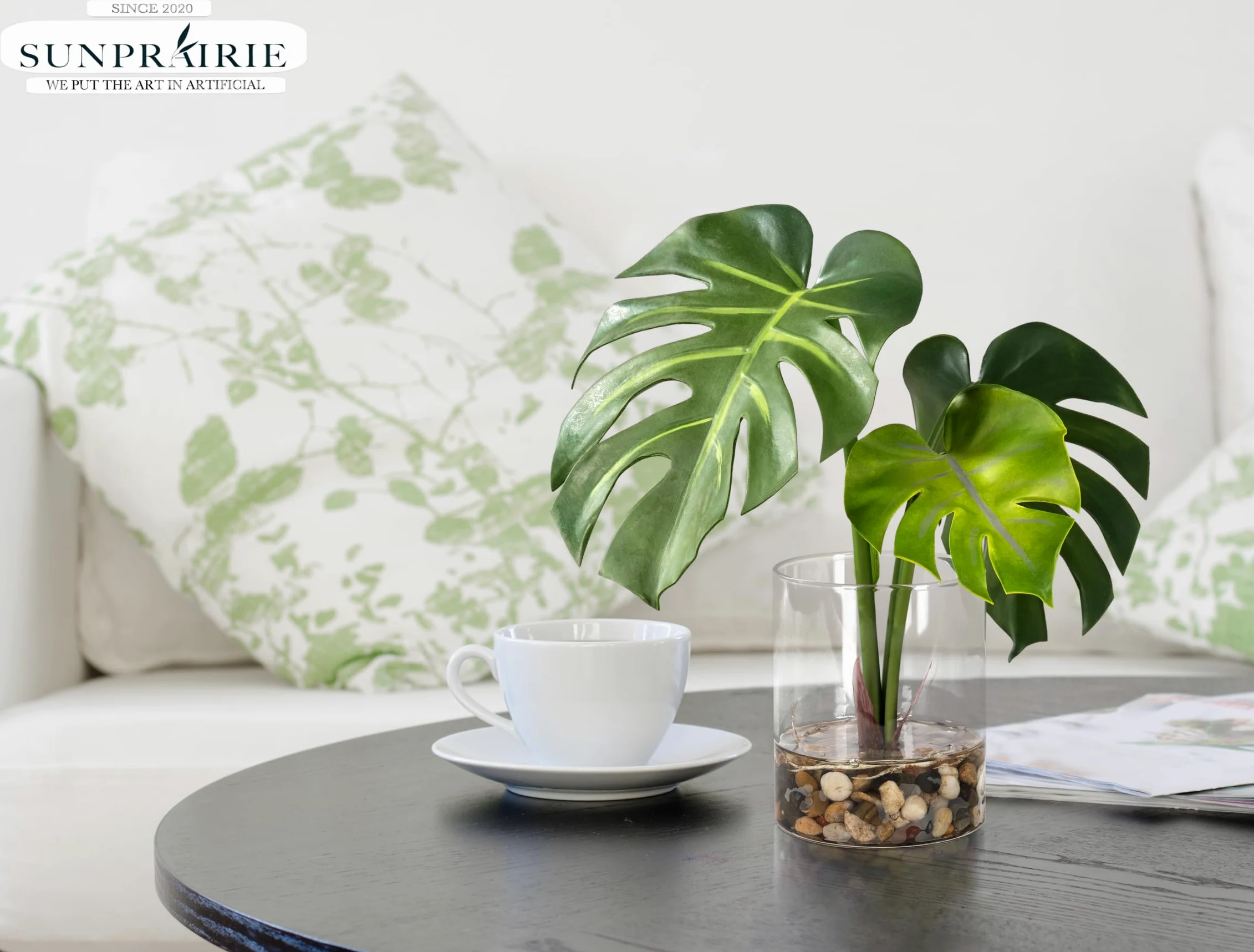 SUNPRAIRIE Plante artificielle réaliste en pot transparent avec de l'eau artificielle, larges feuilles de monstera, plantes artificielles d'intérieur et d'extérieur