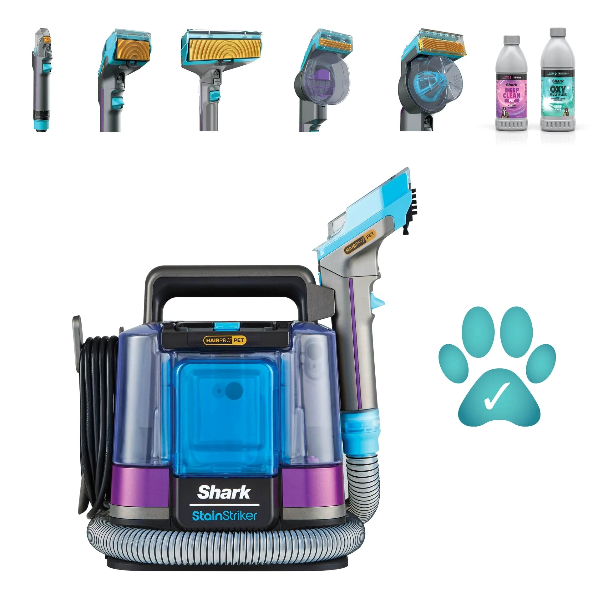 Shark StainStriker HairPro spécial animaux, Aspiration 450 W, Extracteur de poils, Élimine taches et odeurs, Léger et portable, Inclus : 4 accessoires et 2 formules de nettoyage PX250EUT