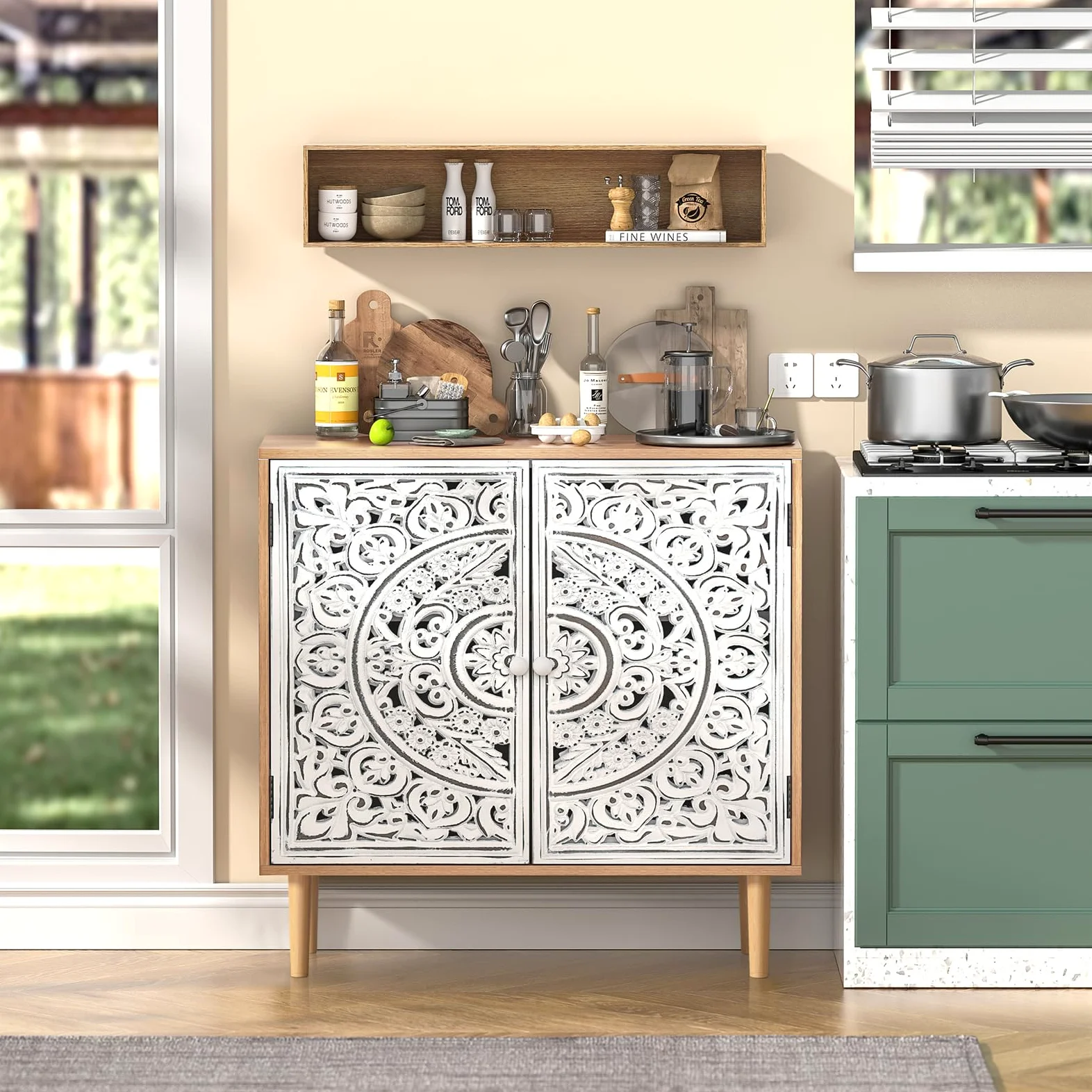 Buffet Bois Sculpté, Meuble de Rangement Cuisine Bas, Meuble Bas avec Pieds en Bois Massif, Étagères Réglables, Armoire de Rangement pour Salon, Cuisine, Chambre, Blanc