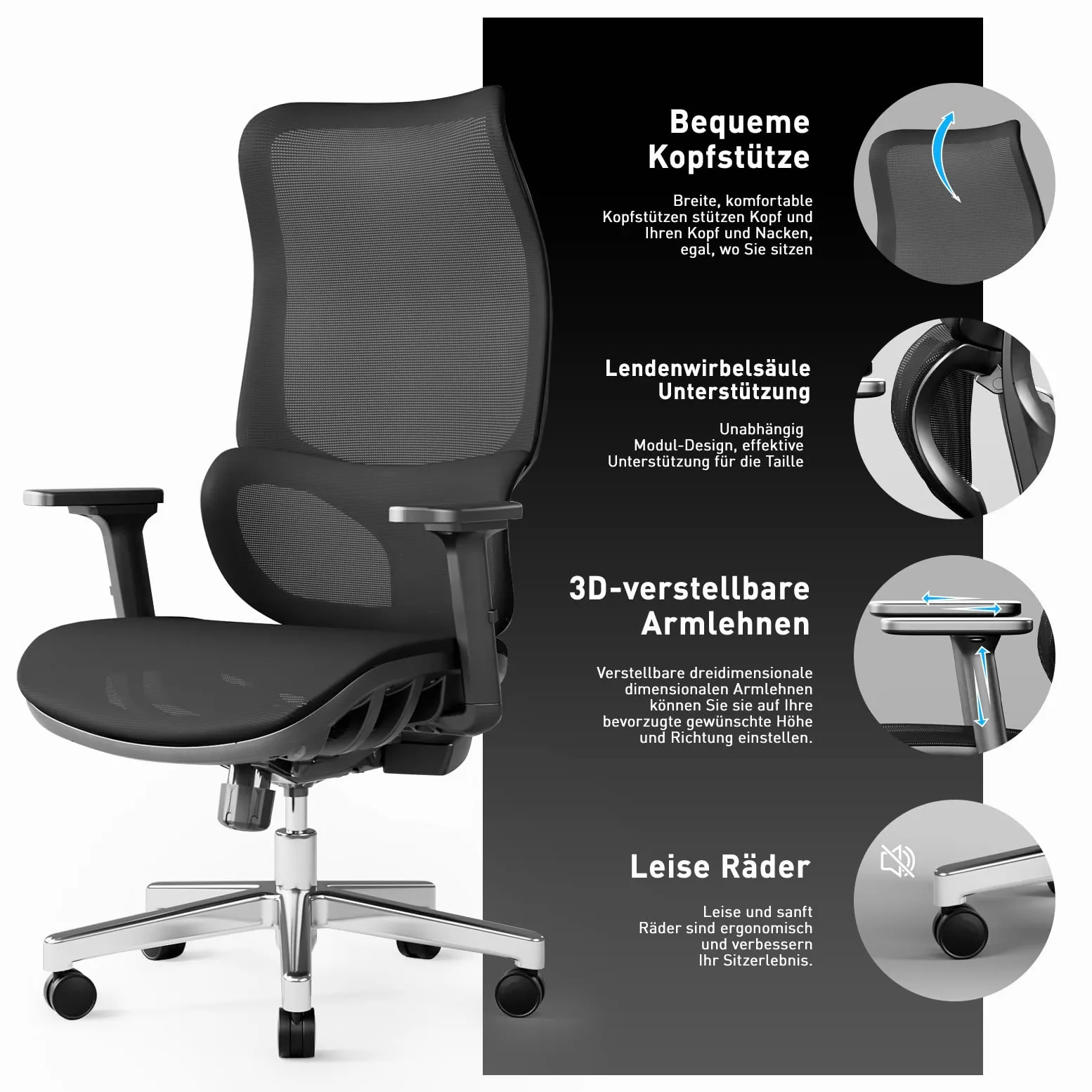 JOYFLY Chaise Bureau Ergonomique, Chaise de Bureau avec Assise Réglable, Fauteuil de Bureau avec Soutien Lombaire, Siege Bureau Chaise Gaming Ordinateur Maille,Adulte,150kg(Noir)