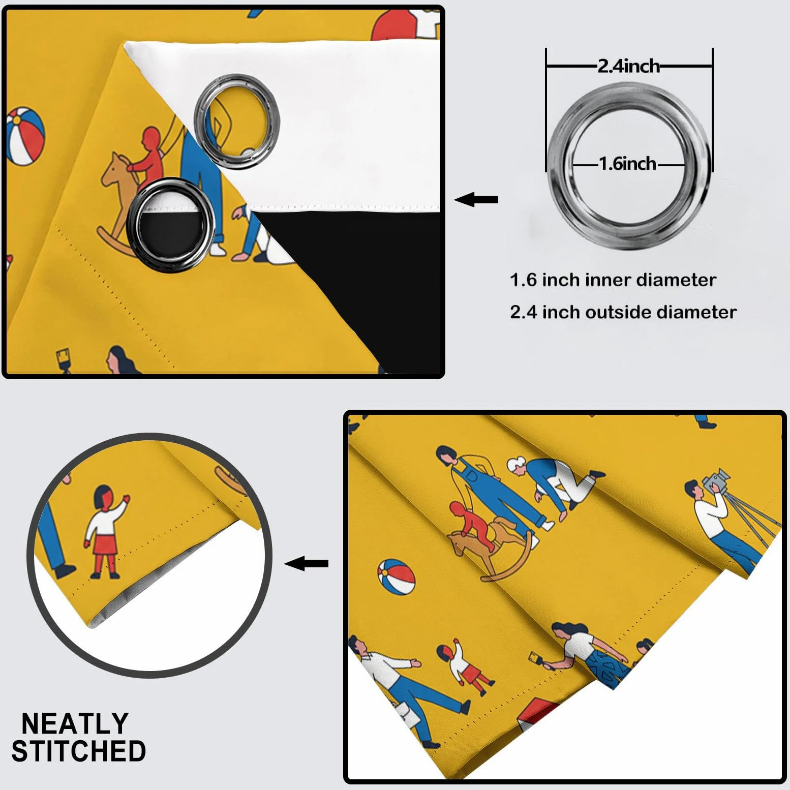 Rideau Occultant Vie Famille Dessin Animé Thermiques Anti Froid, 140x175cm Rideaux Fenêtre Opaque Jeux Parents-Enfants à Oeillets Anti UV Intérieurs Decoration Dressing Salon Chambre Maison, Jaune