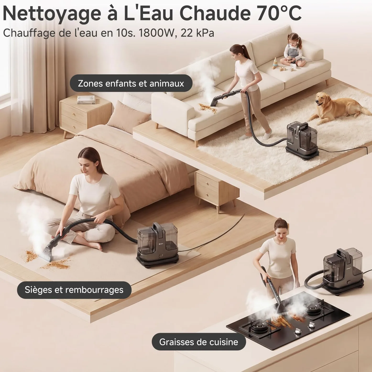 SIMPLUS Nettoyeur Vapeur Tissu Canapé Portable avec Fonction Eau Chaude 110℃, Shampouineuse Extracteur 22000Pa, Double Réservoir, 9 Brosses pour Tapis Moquette Voiture Matelas Animaux