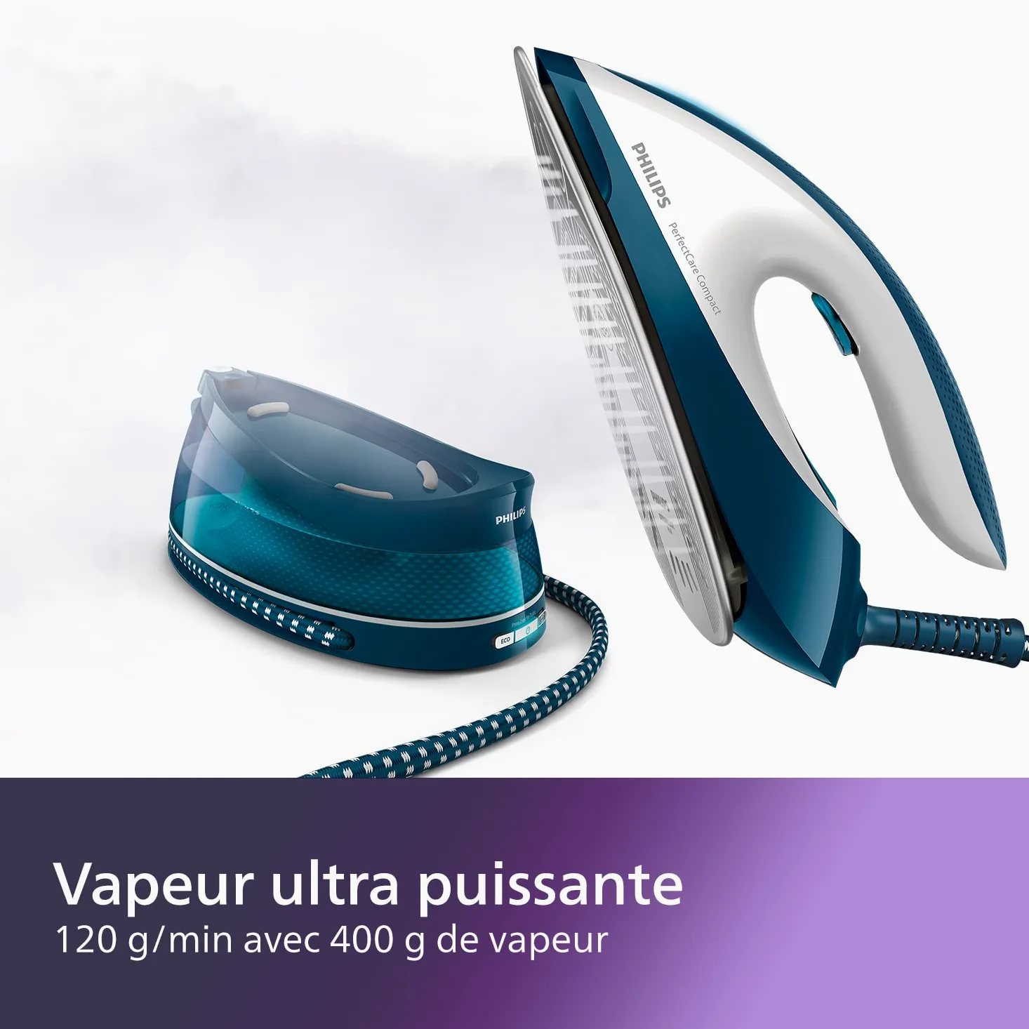 Philips PerfectCare Compact Plus Centrale Vapeur - 2400W, 400g, Pression de 6,5 bars, Technologie OptimalTEMP, Réservoir de 1,5 L, Bleu/Blanc (GC7844/20)
