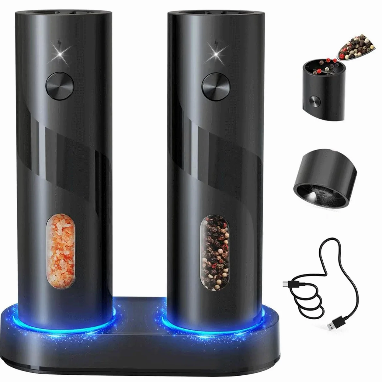 CIRCLE JOY Ensemble de Moulins à Sel et Poivre Électriques Rechargeables avec Socle de Recharge, Grossièreté Réglable, Capacité de 110ml et Lumière LED Blanche, Noir