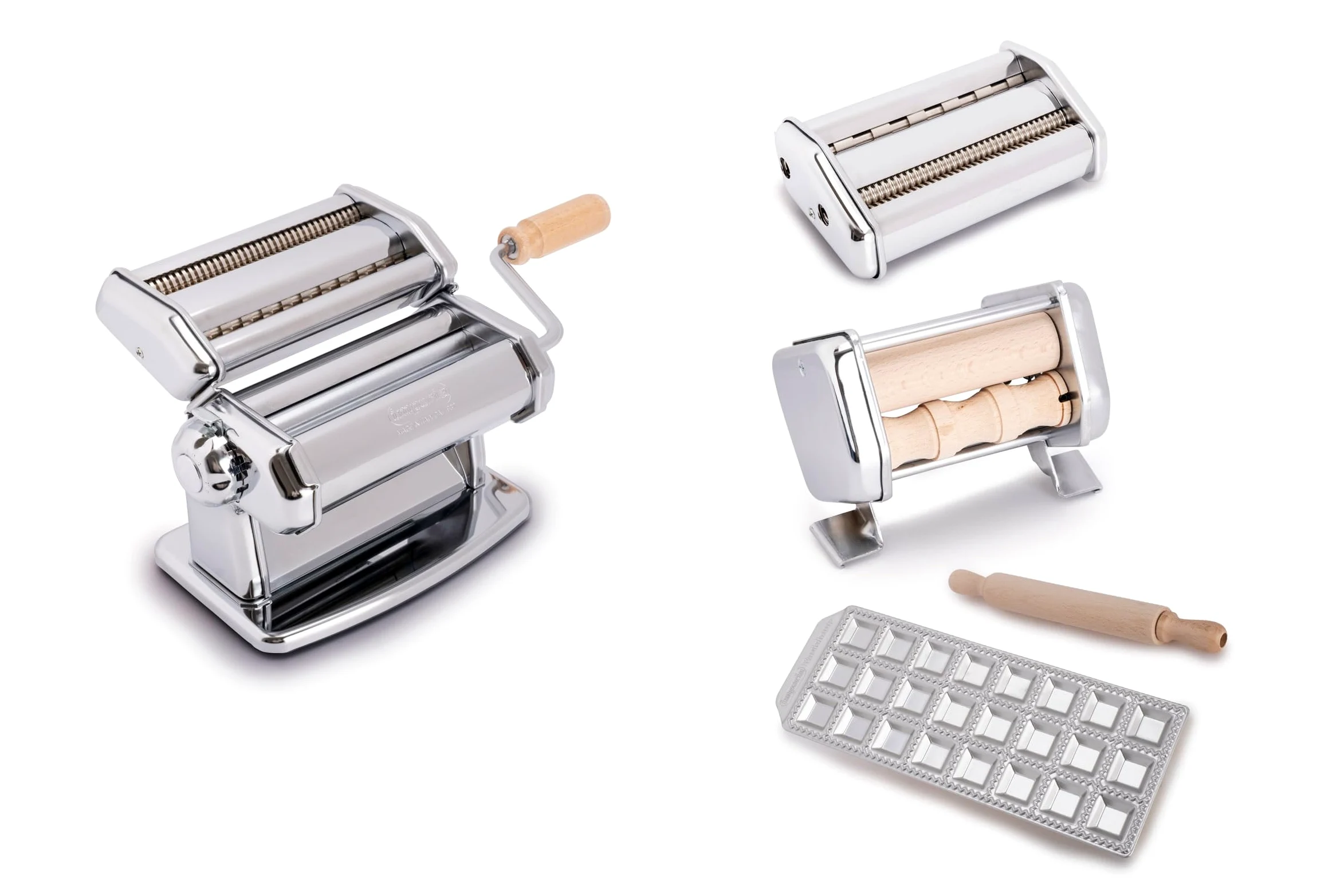 Imperia Fabbrica della Pasta Ligne Classique. Coffret cadeau. Machine à pâtes avec accessoires. Made in Italy. Kit composé: machine à pâtes fraîches, moule à raviolis, coupe-pâte, MilleGnocchi.