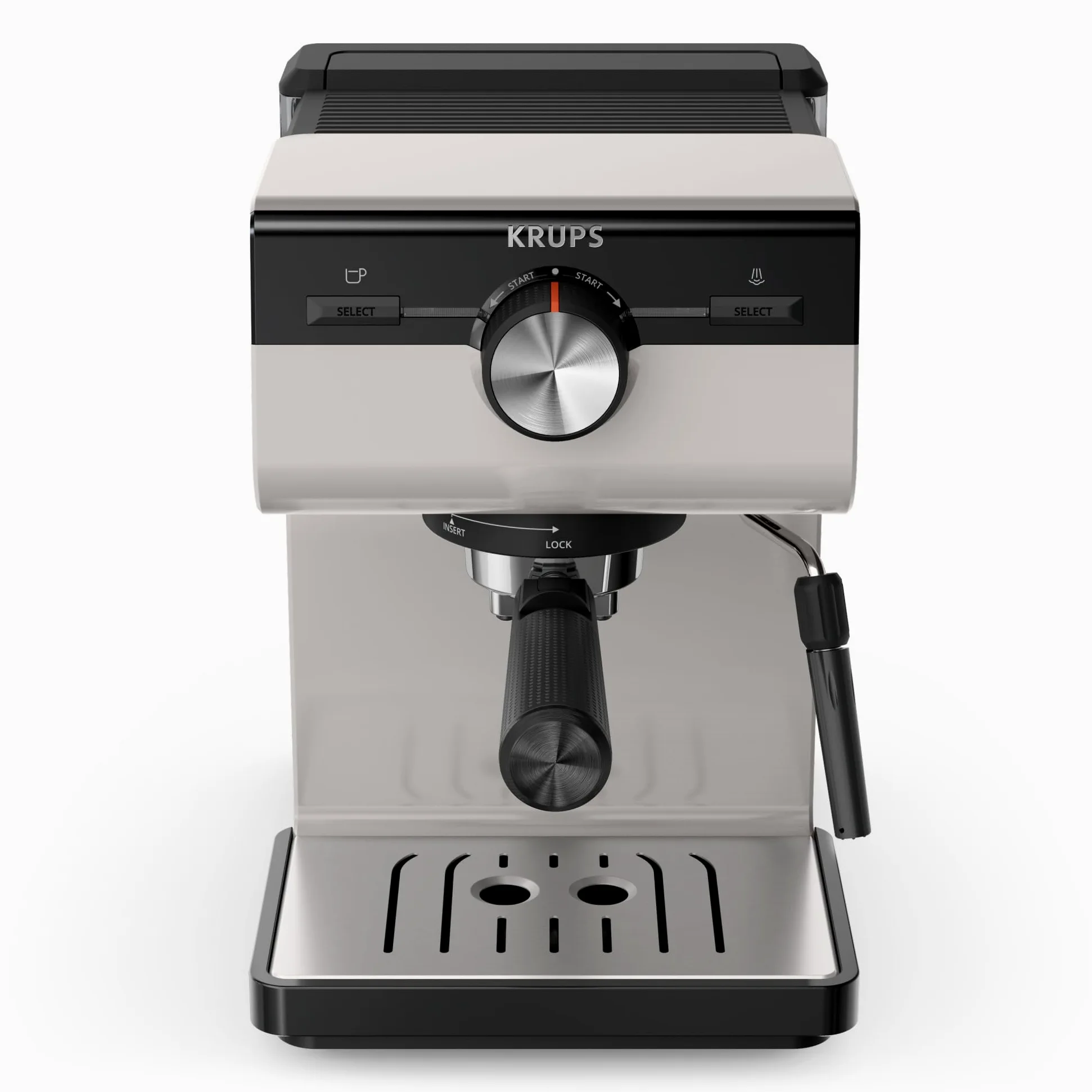 KRUPS Machine espresso manuelle, Qualité Barista, Espresso et Cappuccinos, Buse vapeur, Rangement des filtres inclus, Gris clair, Authentic, XP381B10