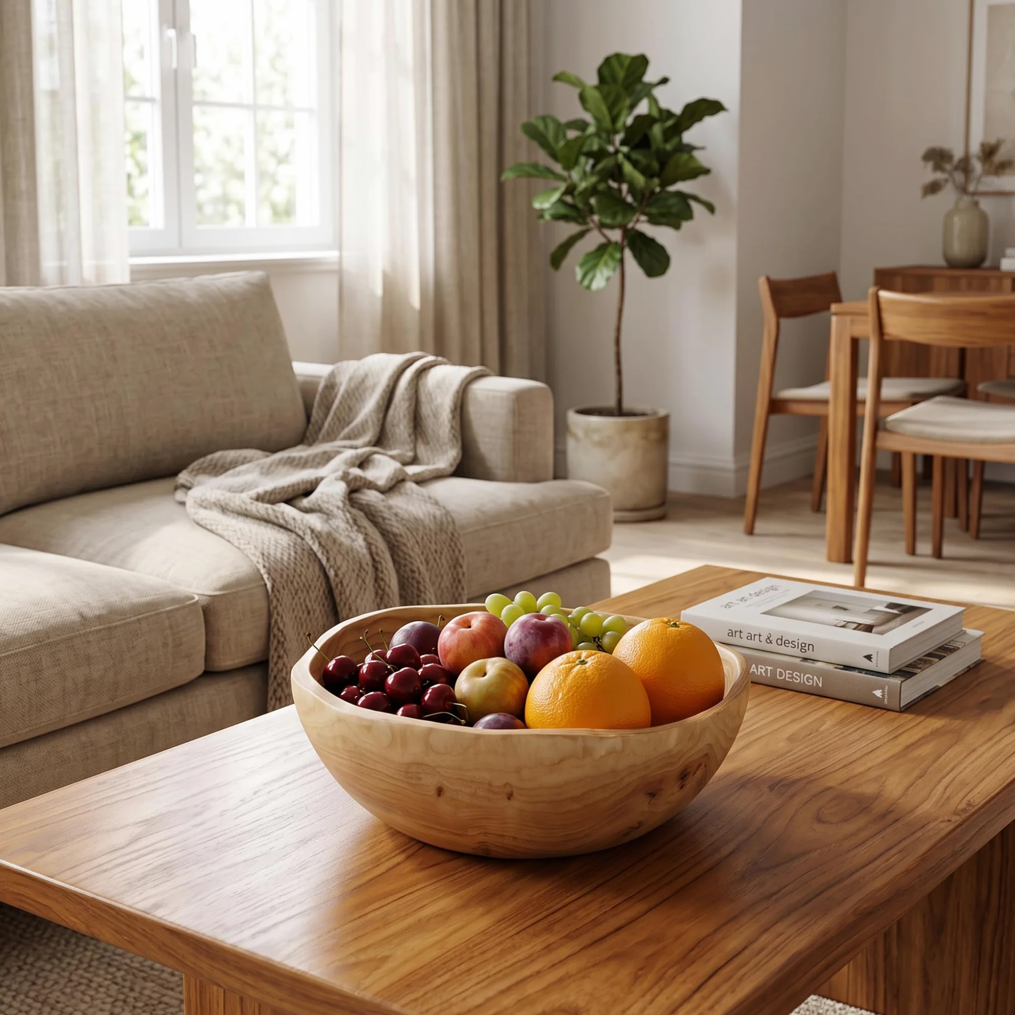Bol en bois avec bol en bois enduit de grain naturel, 10-11 pouces | Lisse sans bord, construction robuste, lavage facile, convient aux fruits, salades, bijoux, clés.