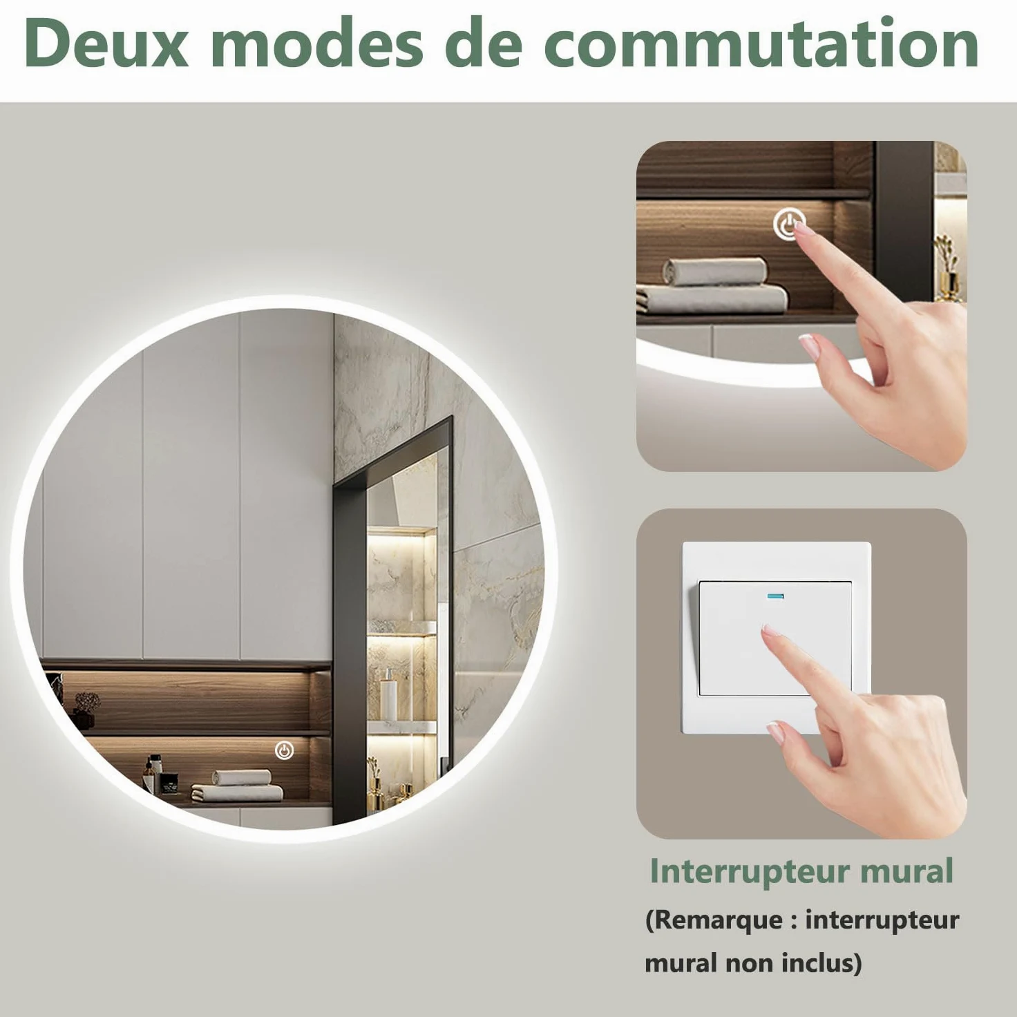 AICA Miroir Salle de Bain Rond 80cm Anti-buée +dimmable + mémoire, Miroir Lumineux LED