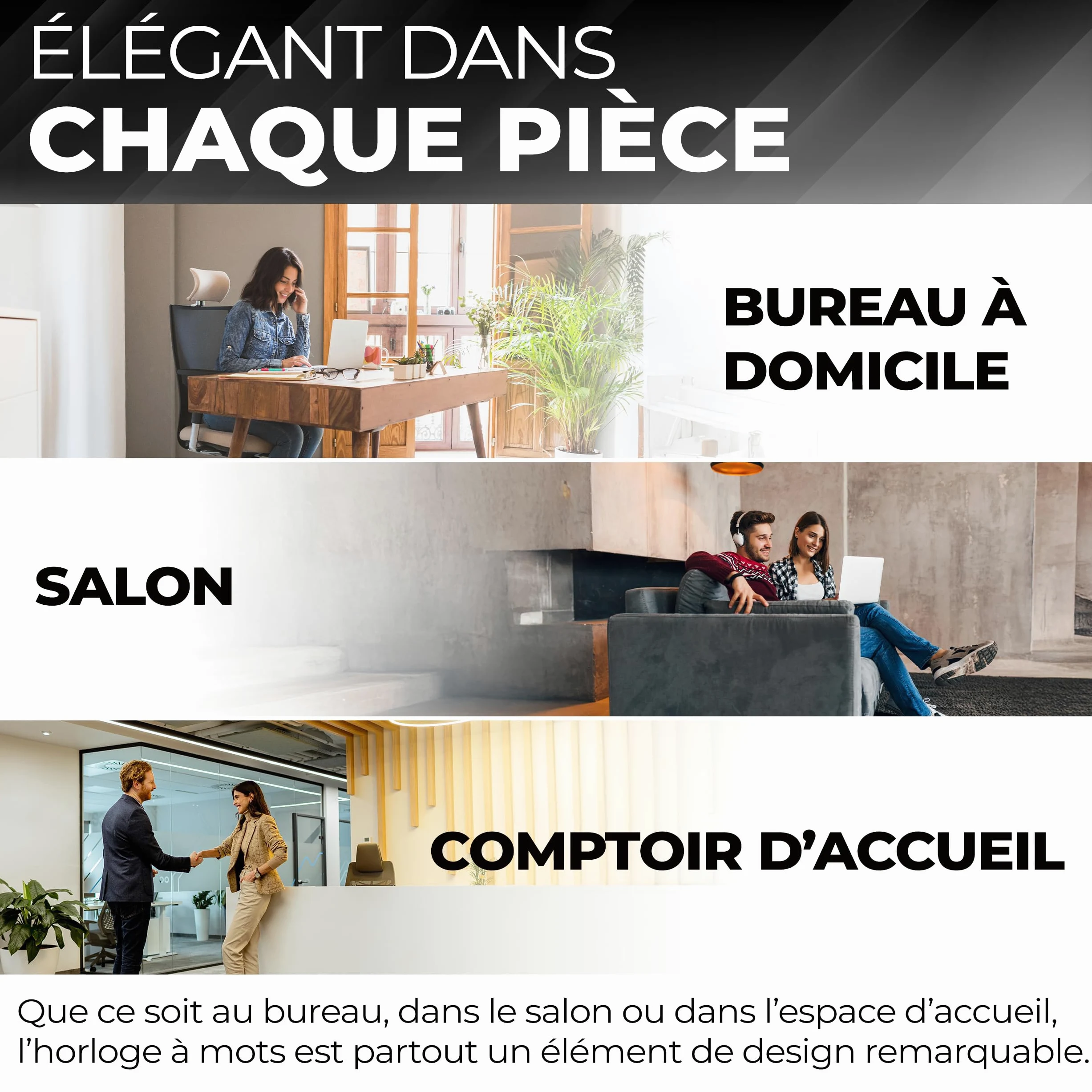 Bada Bing Horloge LED Noire avec Affichage du Mot Allemand - Horloge | en métal élégante avec câble USB - Horloge murale moderne - Horloge de table de qualité supérieure silencieuse à poser/à