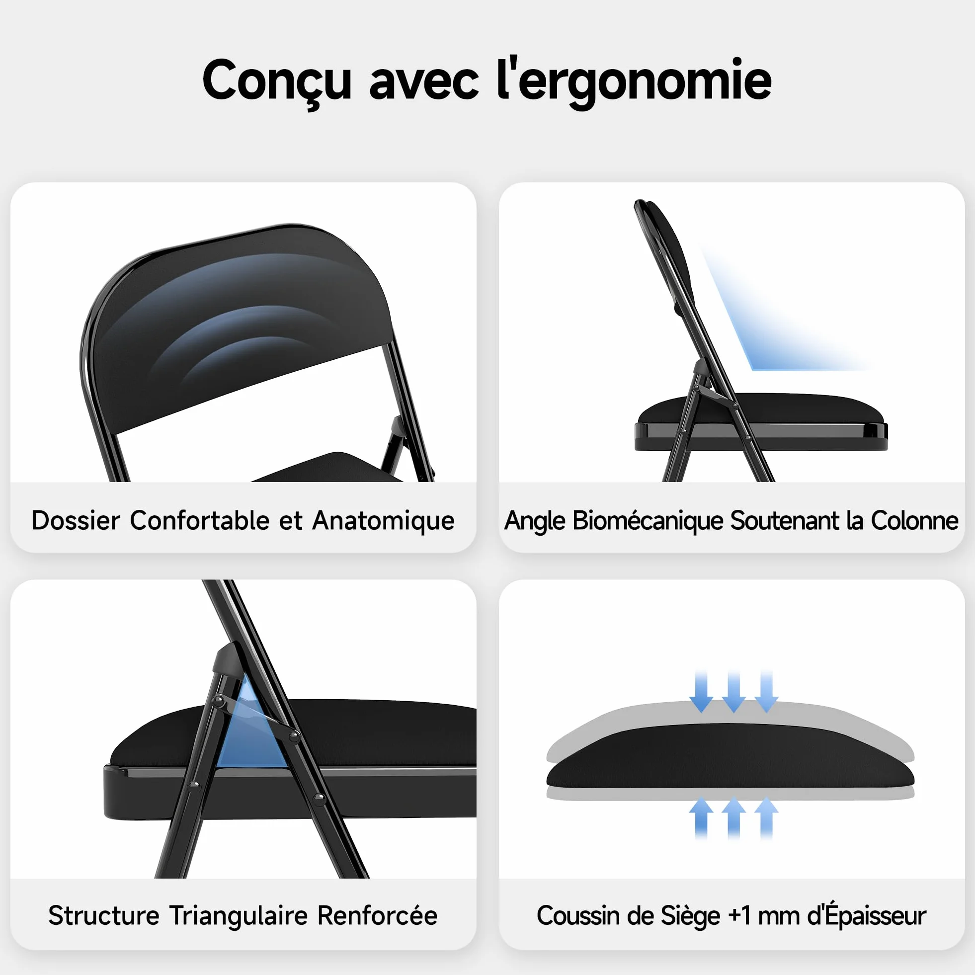 Chaises Pliantes en Similicuir avec Assise rembourrée, Structure en Acier, Lot de 4, idéales pour Les événements, la Maison et Le Bureau.Noir